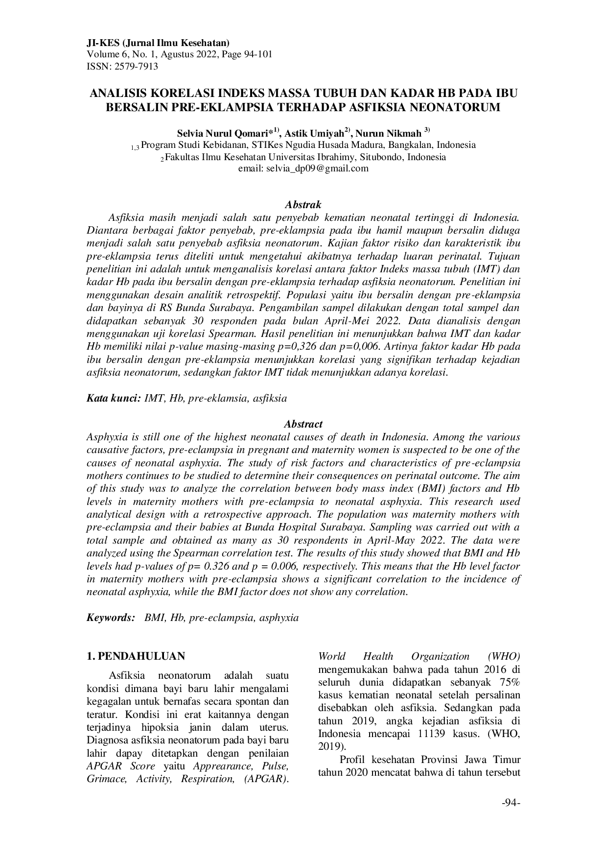 JURIS Analisis Korelasi Indeks Massa Tubuh dan Kadar HB pada Ibu Bersalin Pre Eklampsia terhadap Asfiksia Neonatorum