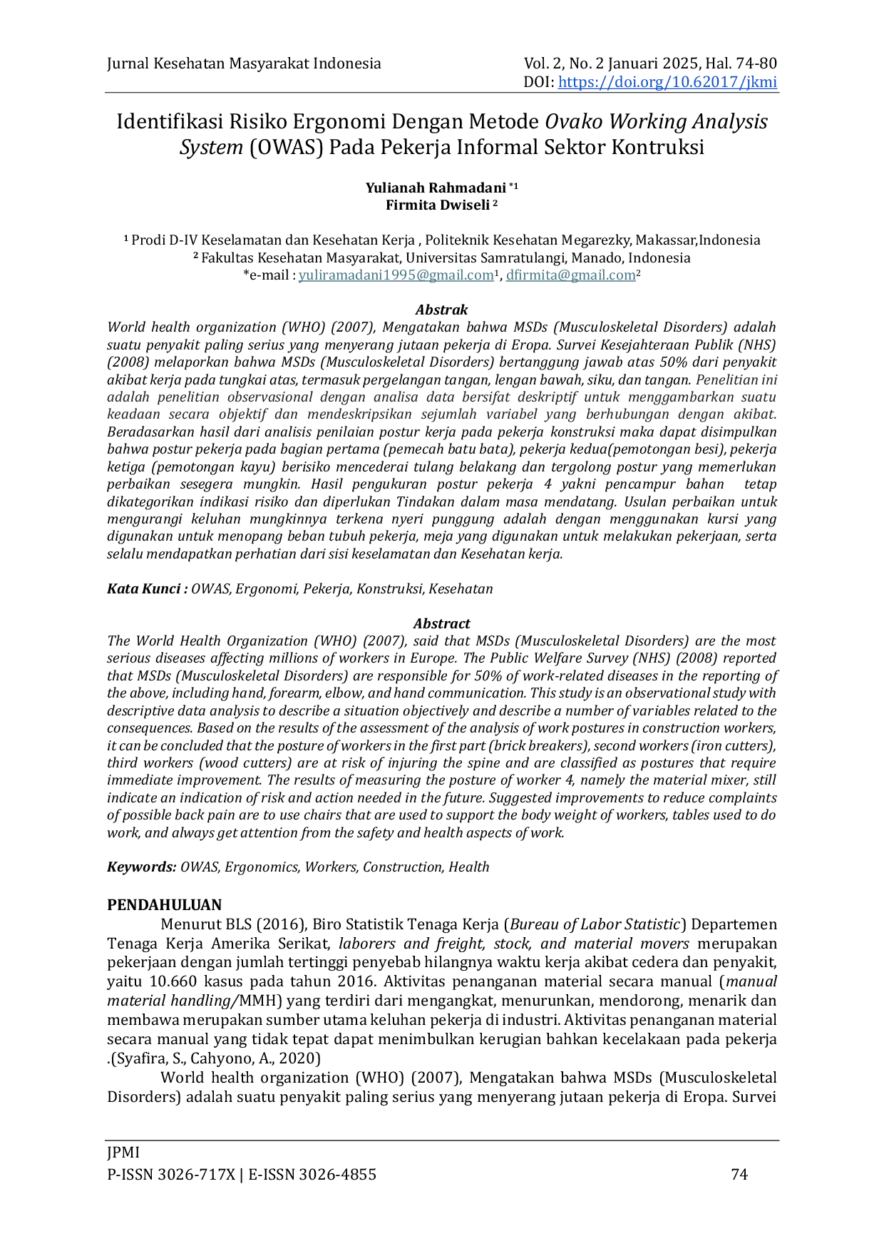 JURIS Identifikasi Risiko Ergonomi Dengan Metode Ovako Working Analysis System OWAS Pada Pekerja Informal Sektor Kontruksi