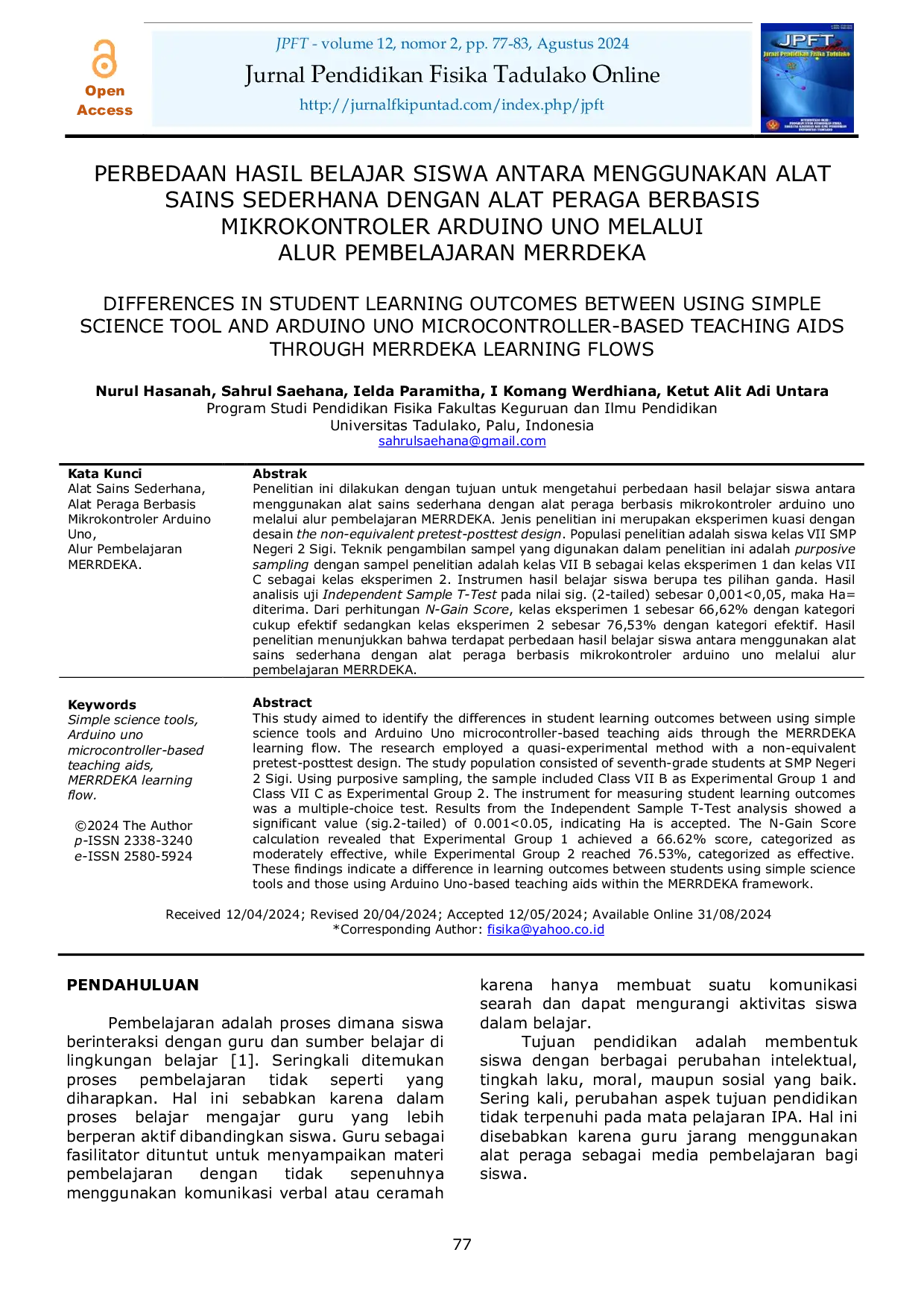 JURIS Perbedaan Hasil Belajar Siswa Antara Menggunakan Alat Sains Sederhana Dengan Alat Peraga Berbasis Mikrokontroler Arduino Uno Melalui Alur Pembelajaran Merdeka