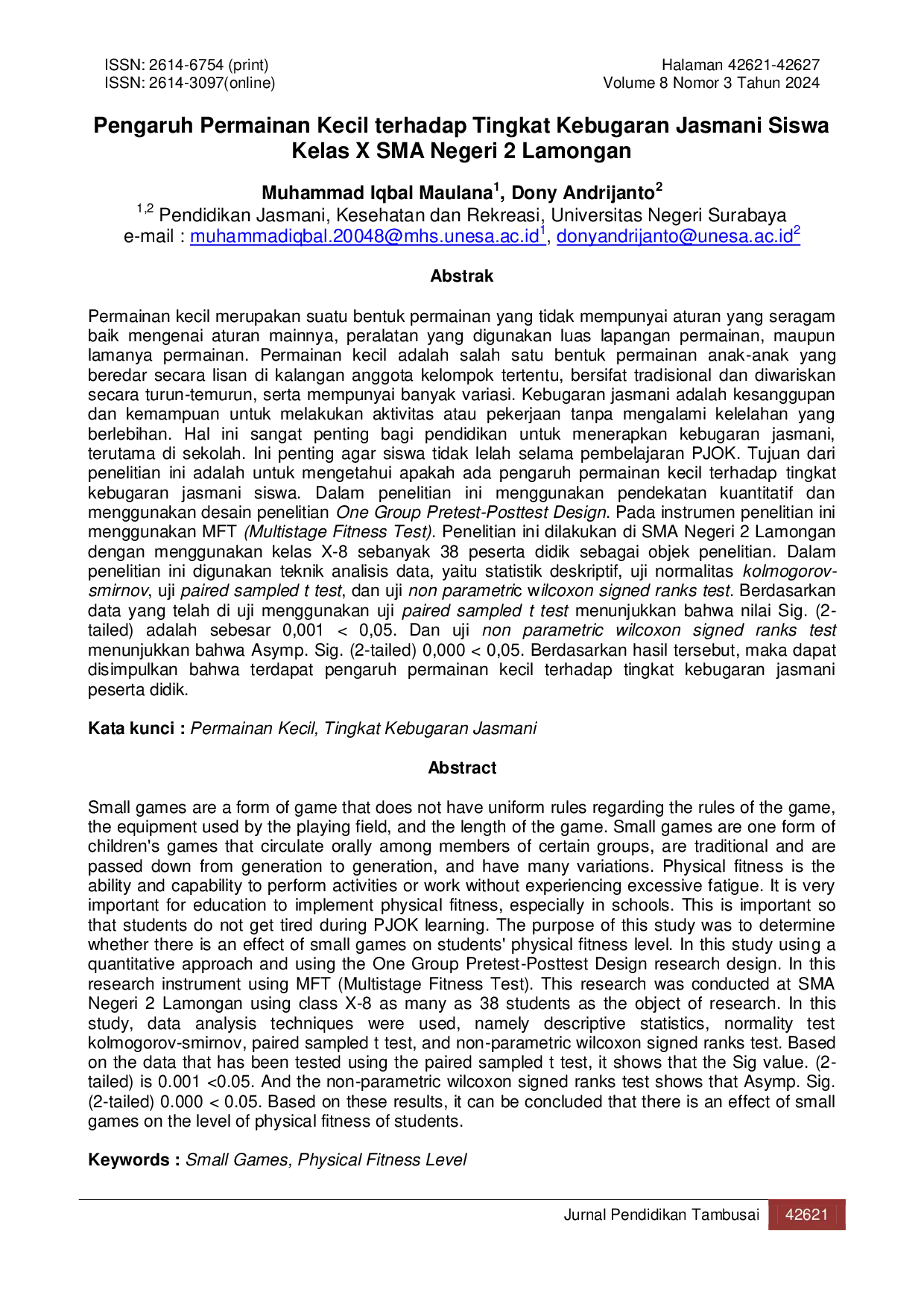 JURIS Pengaruh Permainan Kecil Terhadap Tingkat Kebugaran Jasmani Siswa Kelas X Sma Negeri 2 Lamongan