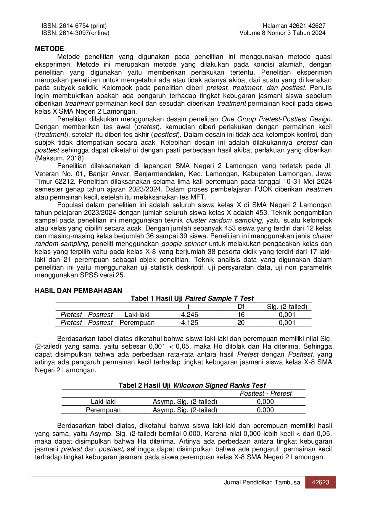 JURIS Pengaruh Permainan Kecil Terhadap Tingkat Kebugaran Jasmani Siswa Kelas X Sma Negeri 2 Lamongan