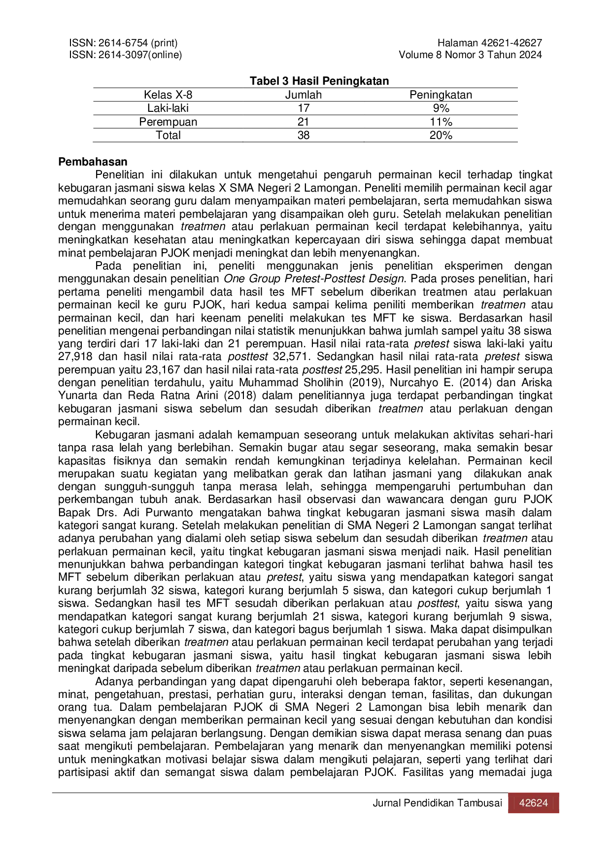 JURIS Pengaruh Permainan Kecil Terhadap Tingkat Kebugaran Jasmani Siswa Kelas X Sma Negeri 2 Lamongan