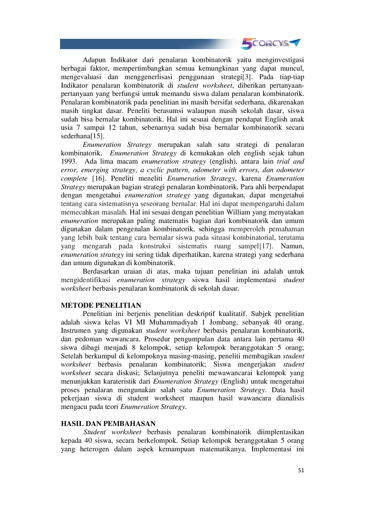 JURIS Identifikasi Enumeration Strategy English Siswa Hasil Implementasi Student Worksheet Berbasis Penalaran Kombinatorik Di Sekolah Dasar