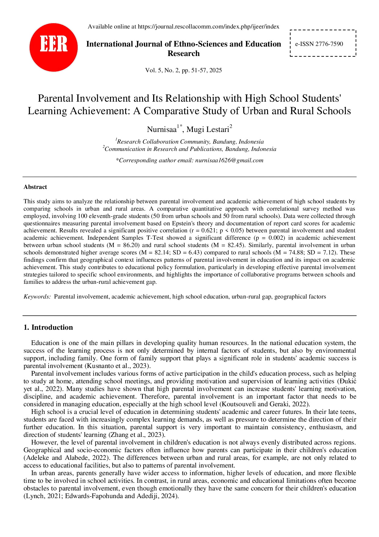 JURIS Parental Involvement and Its Relationship with High School Students Learning Achievement A Comparative Study of Urban and Rural Schools