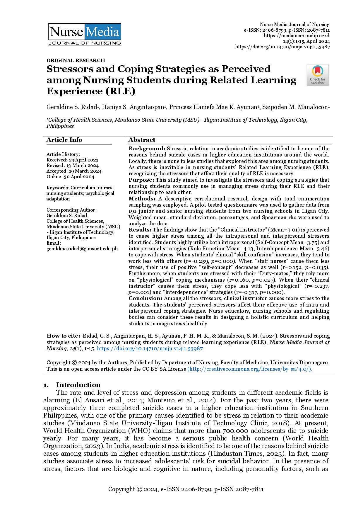 juris Stressors And Coping Strategies As Perceived Among Nursing Students During Related Learning Experience