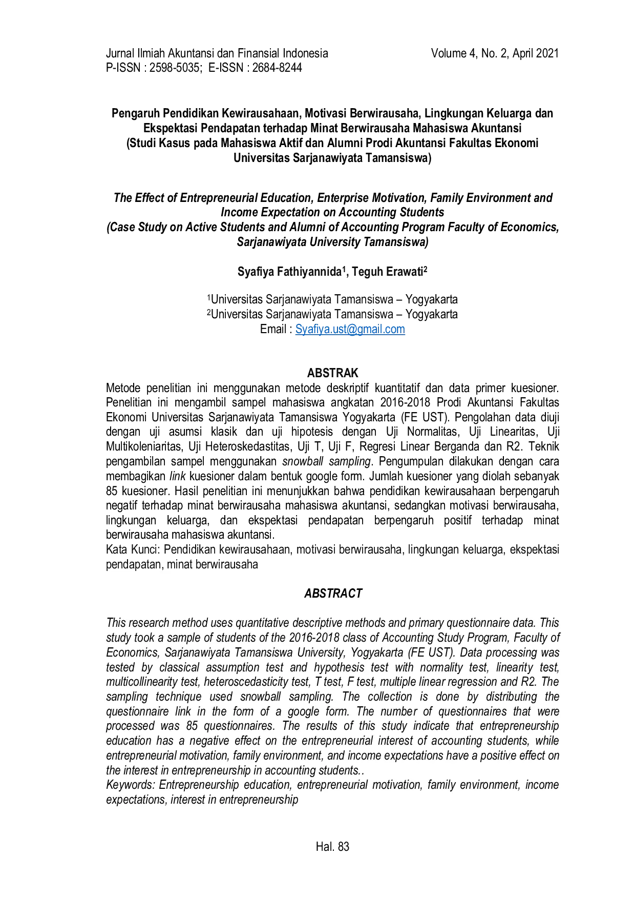JURIS Pengaruh Pendidikan Kewirausahaan Motivasi Berwirausaha Lingkungan Keluarga dan Ekspektasi Pendapatan terhadap Minat Berwirausaha Mahasiswa Akuntansi