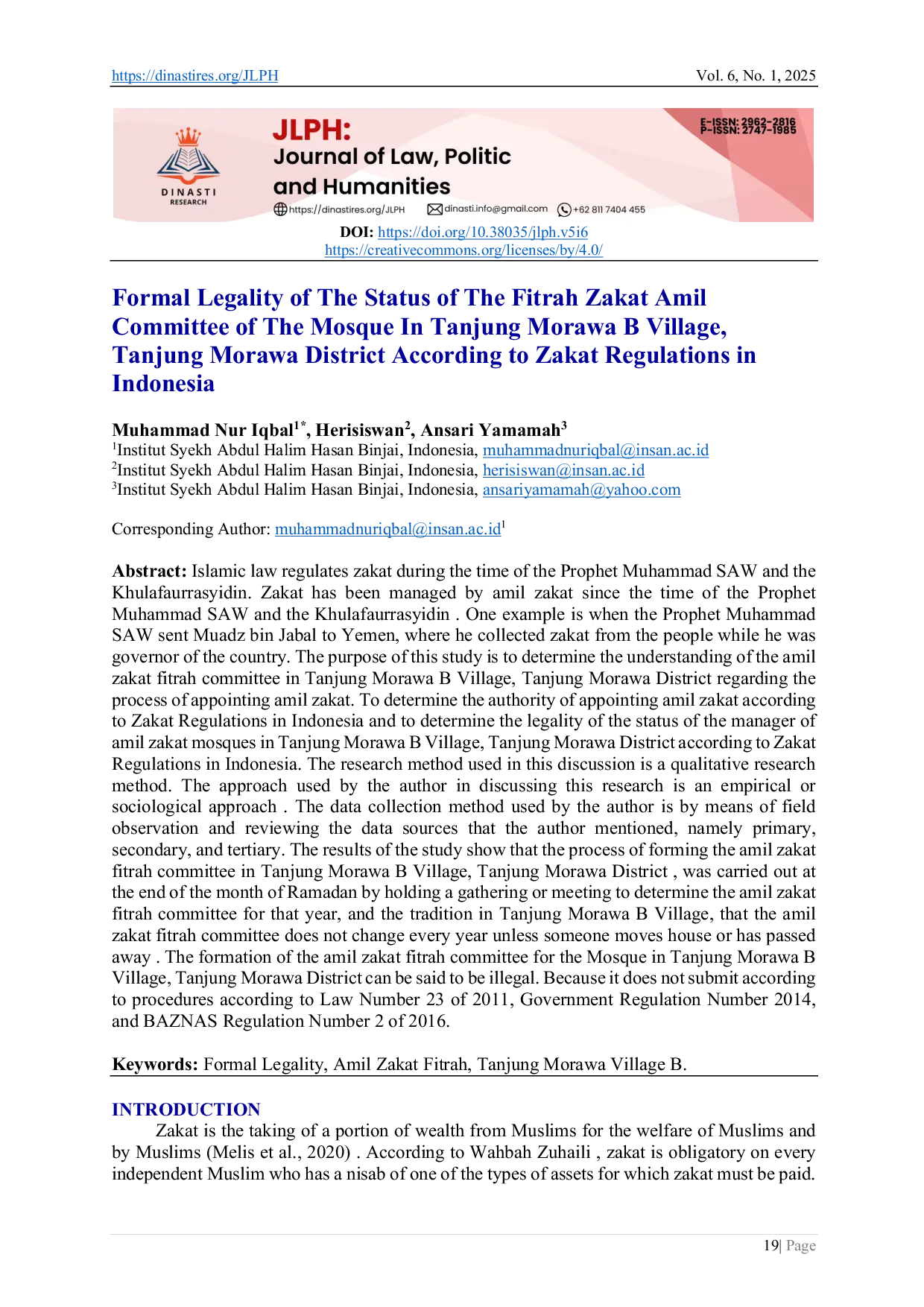 JURIS Formal Legality of the Status of the Fitrah Zakat Amil Committee of the Mosque in Tanjung Morawa B Village Tanjung Morawa District According to Zakat Regulations in Indonesia