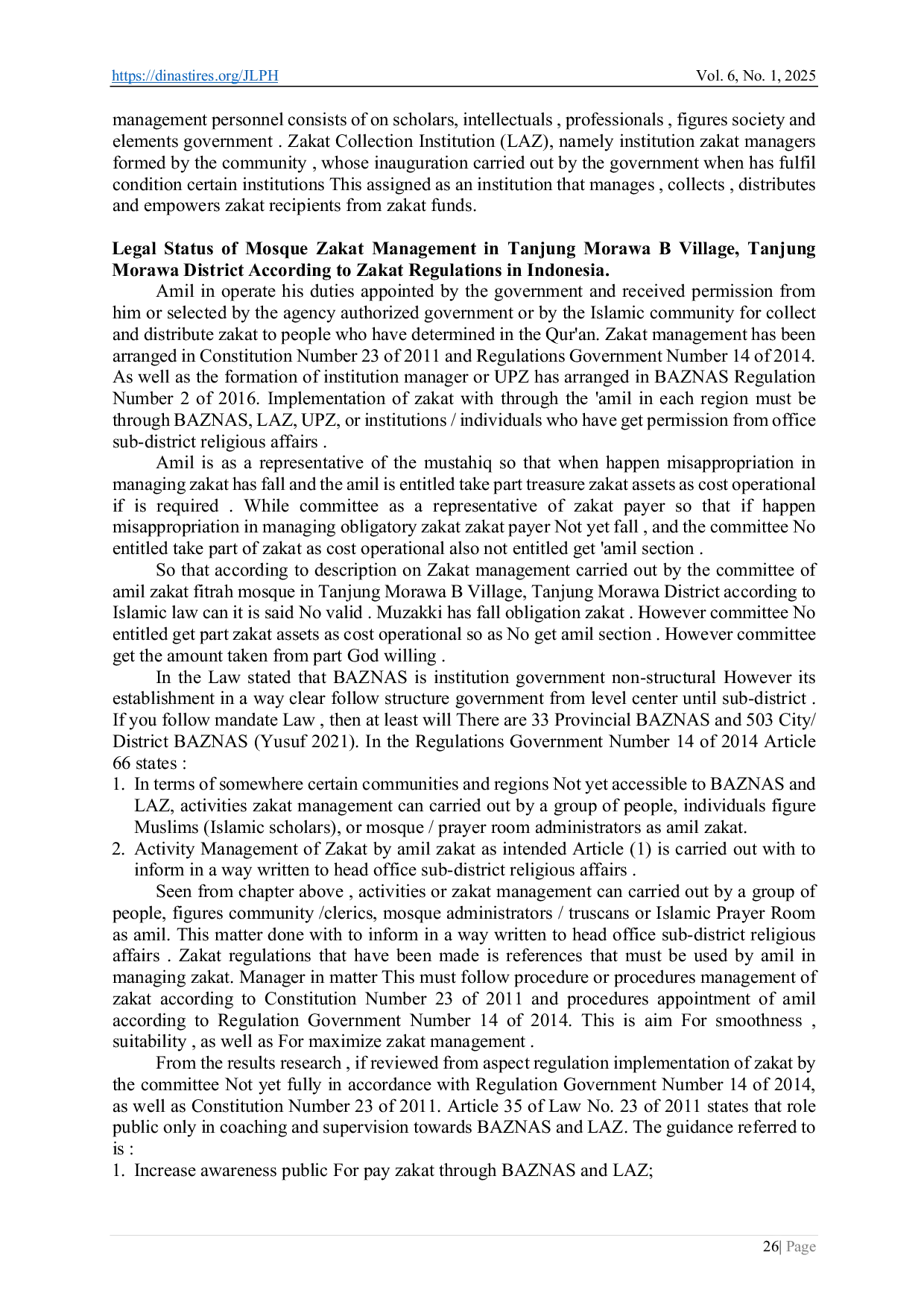 JURIS Formal Legality of the Status of the Fitrah Zakat Amil Committee of the Mosque in Tanjung Morawa B Village Tanjung Morawa District According to Zakat Regulations in Indonesia