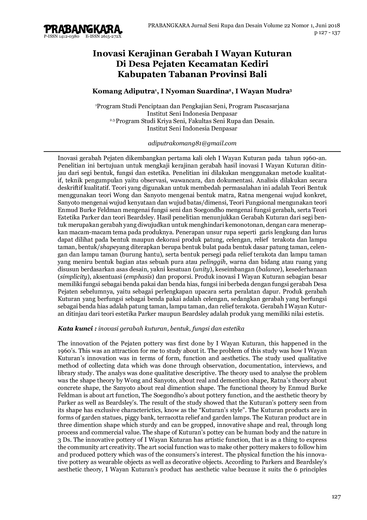 JURIS Inovasi Kerajinan Gerabah I Wayan Kuturan Di Desa Pejaten Kecamatan Kediri Kabupaten Tabanan Provinsi Bali