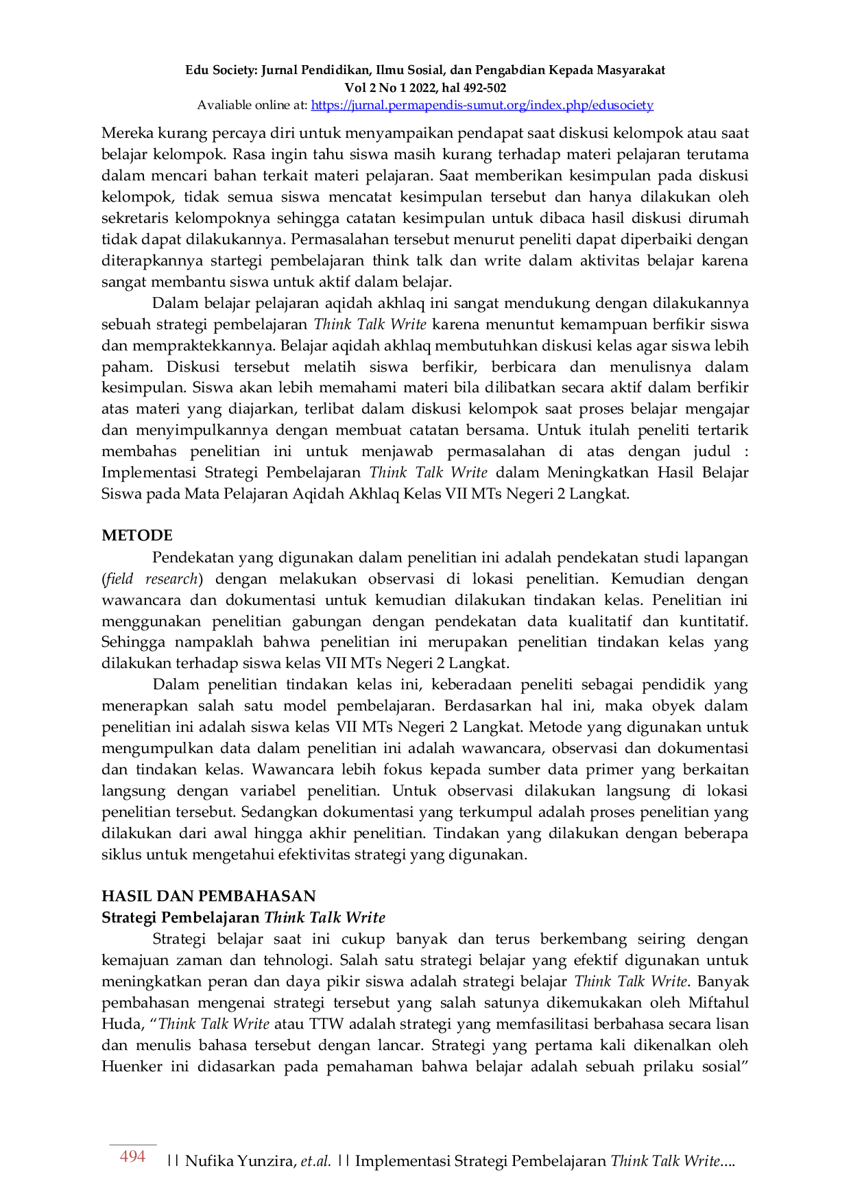 JURIS Implementasi Strategi Pembelajaran Think Talk Write dalam Meningkatkan Hasil Belajar pada Mata Pelajaran Akidah Akhlak Siswa Kelas VII MTsN 2 Langkat