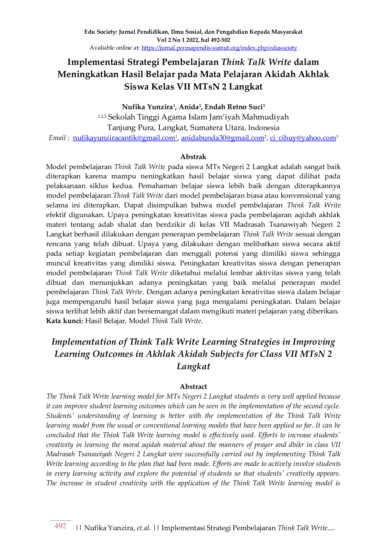 JURIS Implementasi Strategi Pembelajaran Think Talk Write dalam Meningkatkan Hasil Belajar pada Mata Pelajaran Akidah Akhlak Siswa Kelas VII MTsN 2 Langkat