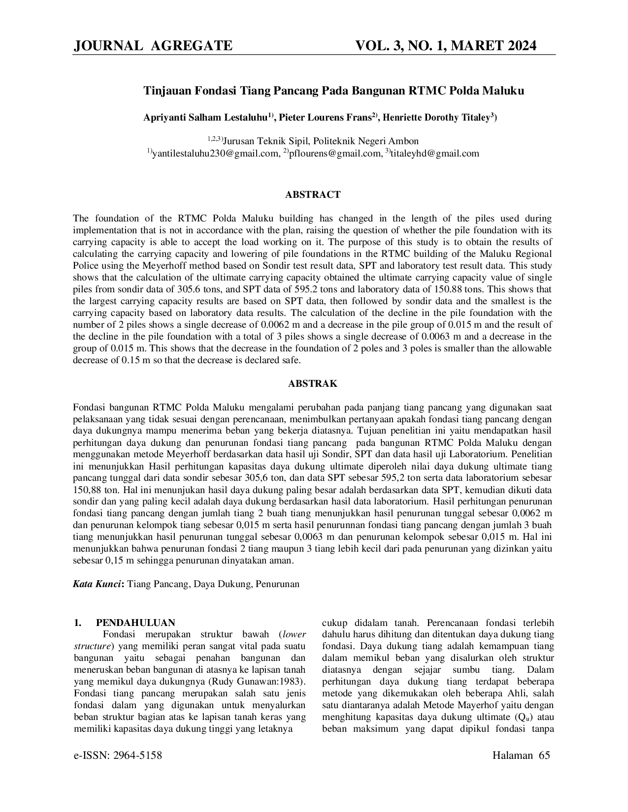 JURIS Tinjauan Fondasi Tiang Pancang Pada Bangunan RTMC Polda Maluku