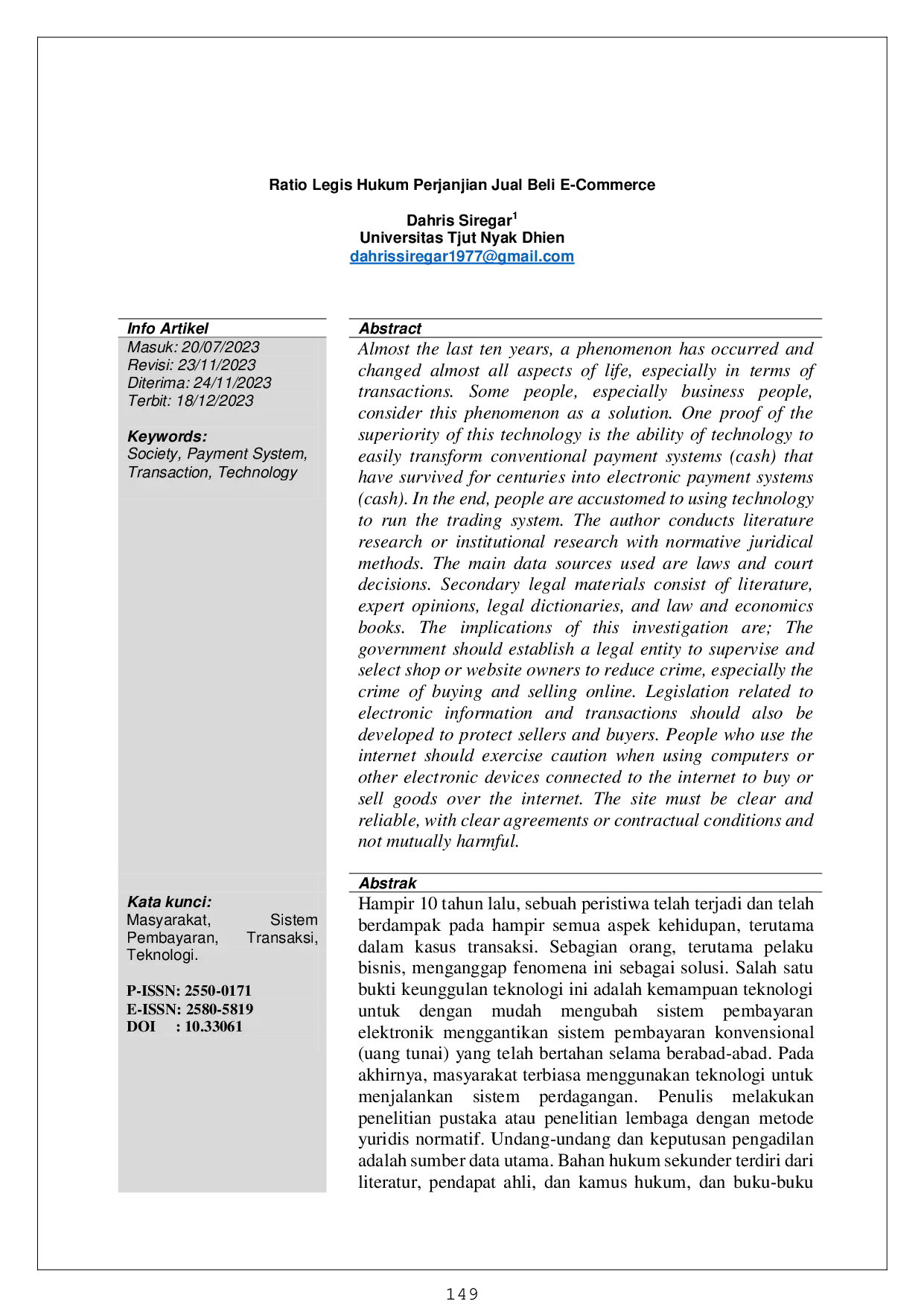 juris Ratio Legis Hukum Perjanjian Jual Beli E Commerce