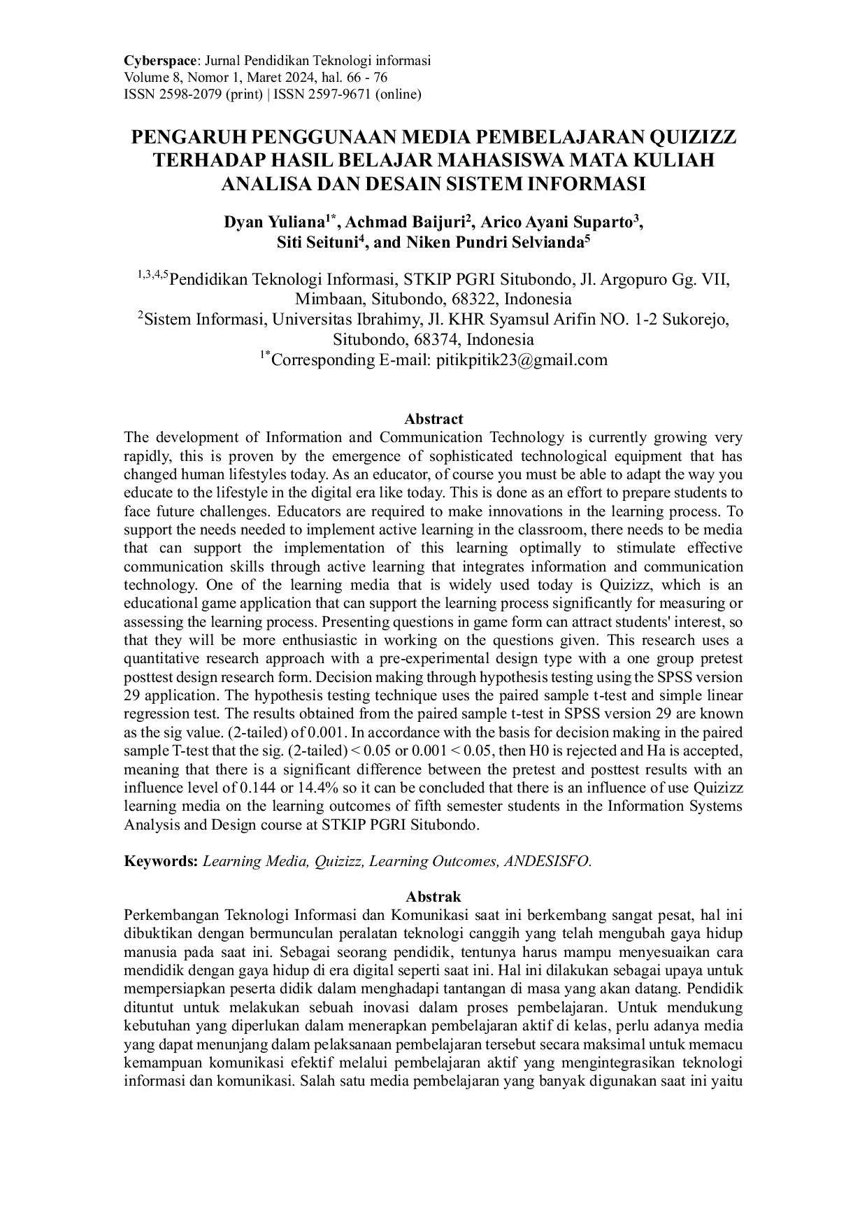 JURIS PENGARUH PENGGUNAAN MEDIA PEMBELAJARAN QUIZIZZ TERHADAP HASIL BELAJAR MAHASISWA MATA KULIAH ANALISA DAN DESAIN SISTEM INFORMASI