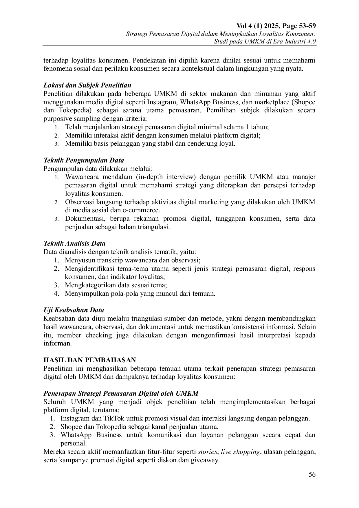 JURIS Strategi Pemasaran Digital dalam Meningkatkan Loyalitas Konsumen Studi pada UMKM di Era Industri 4 0