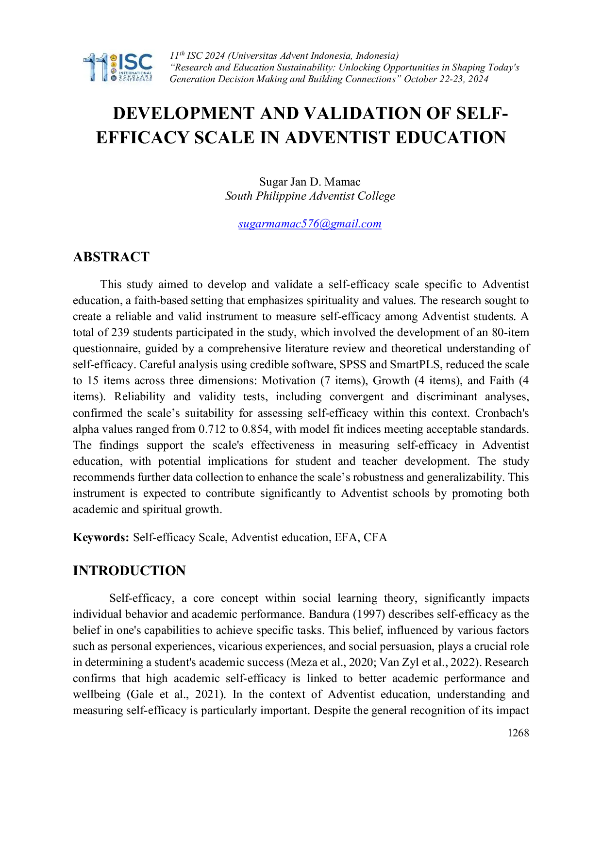 JURIS Development And Validation of Self efficacy Scale In Adventist Education