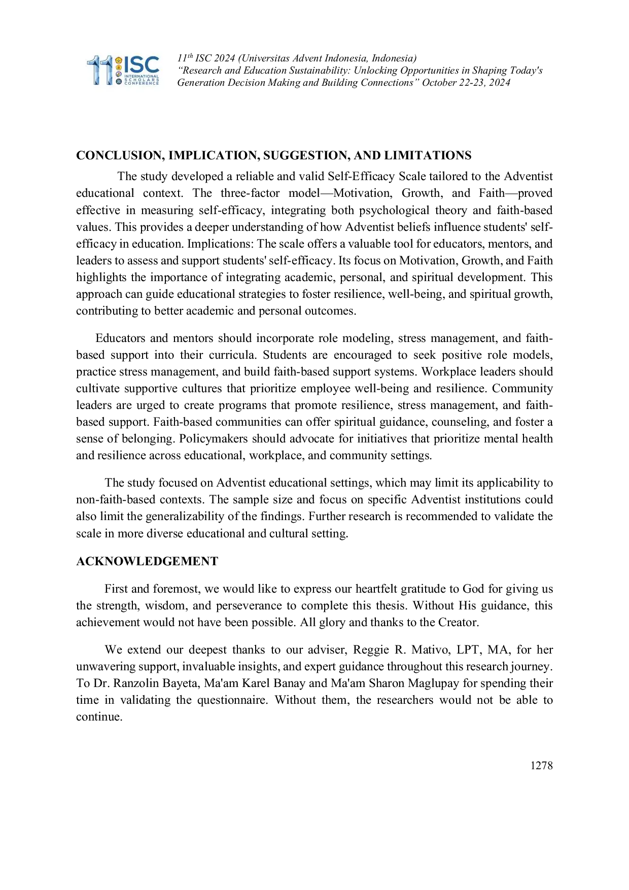 JURIS Development And Validation of Self efficacy Scale In Adventist Education