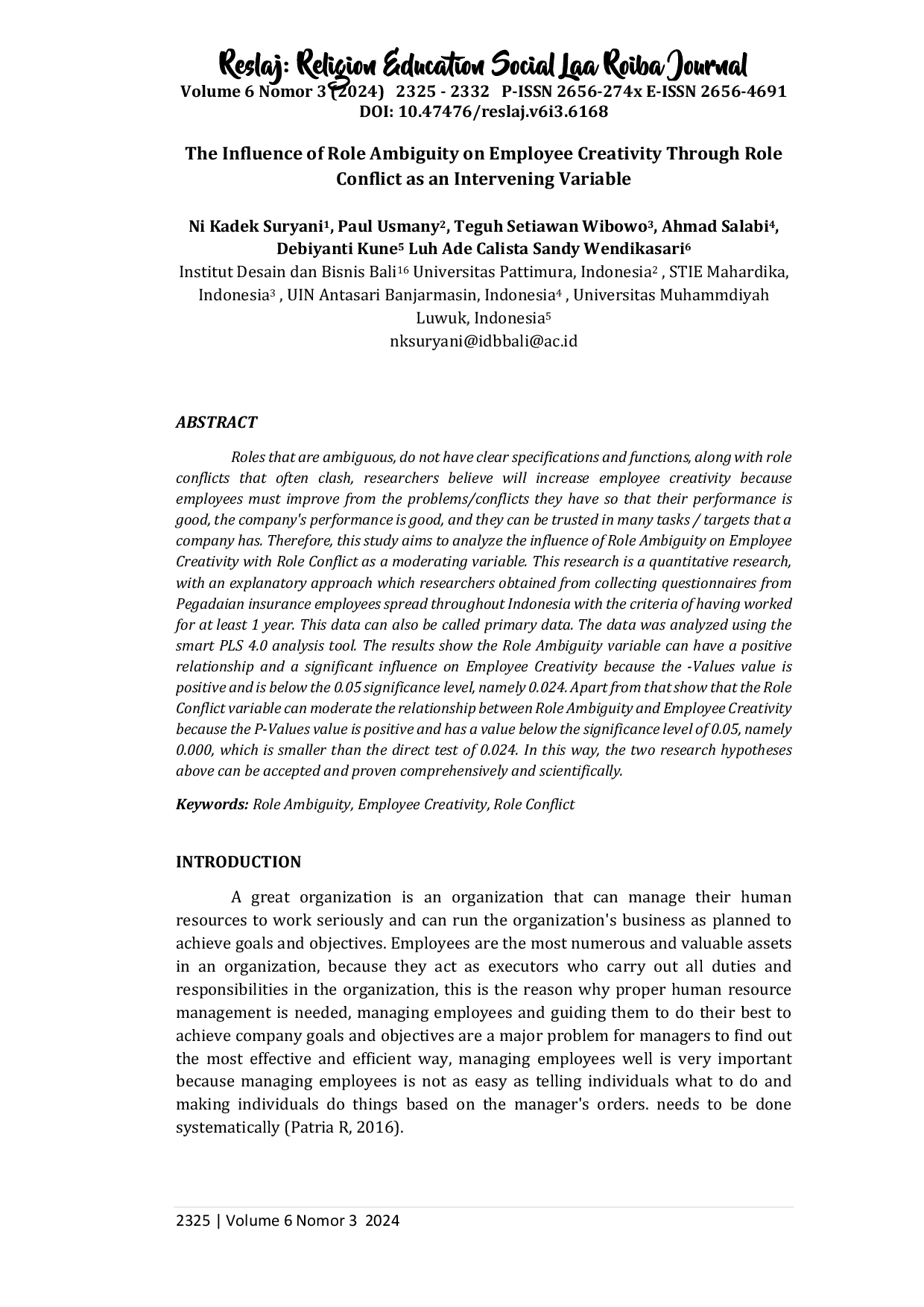 JURIS The Influence of Role Ambiguity on Employee Creativity Through Role Conflict as an Intervening Variable