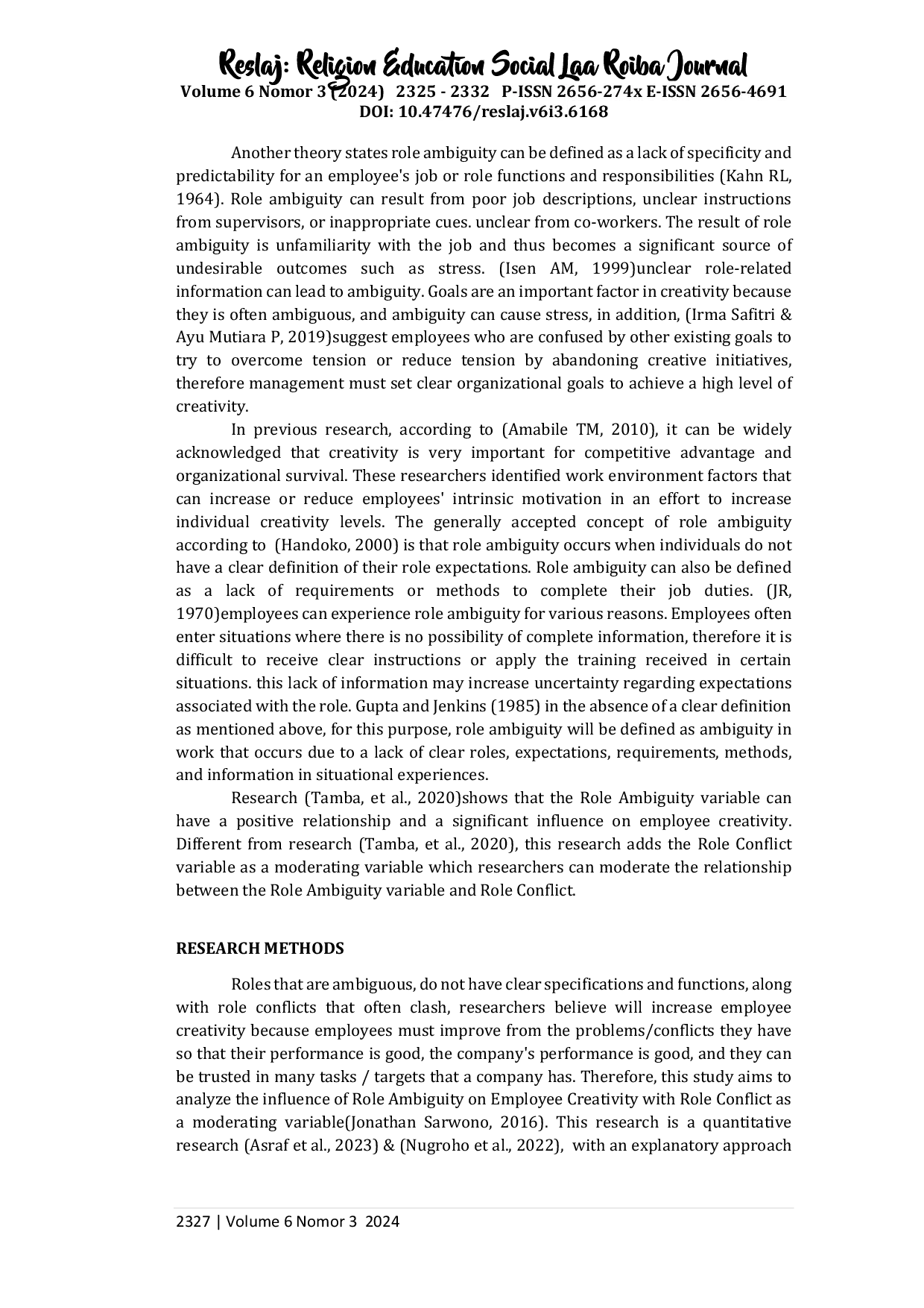 JURIS The Influence of Role Ambiguity on Employee Creativity Through Role Conflict as an Intervening Variable
