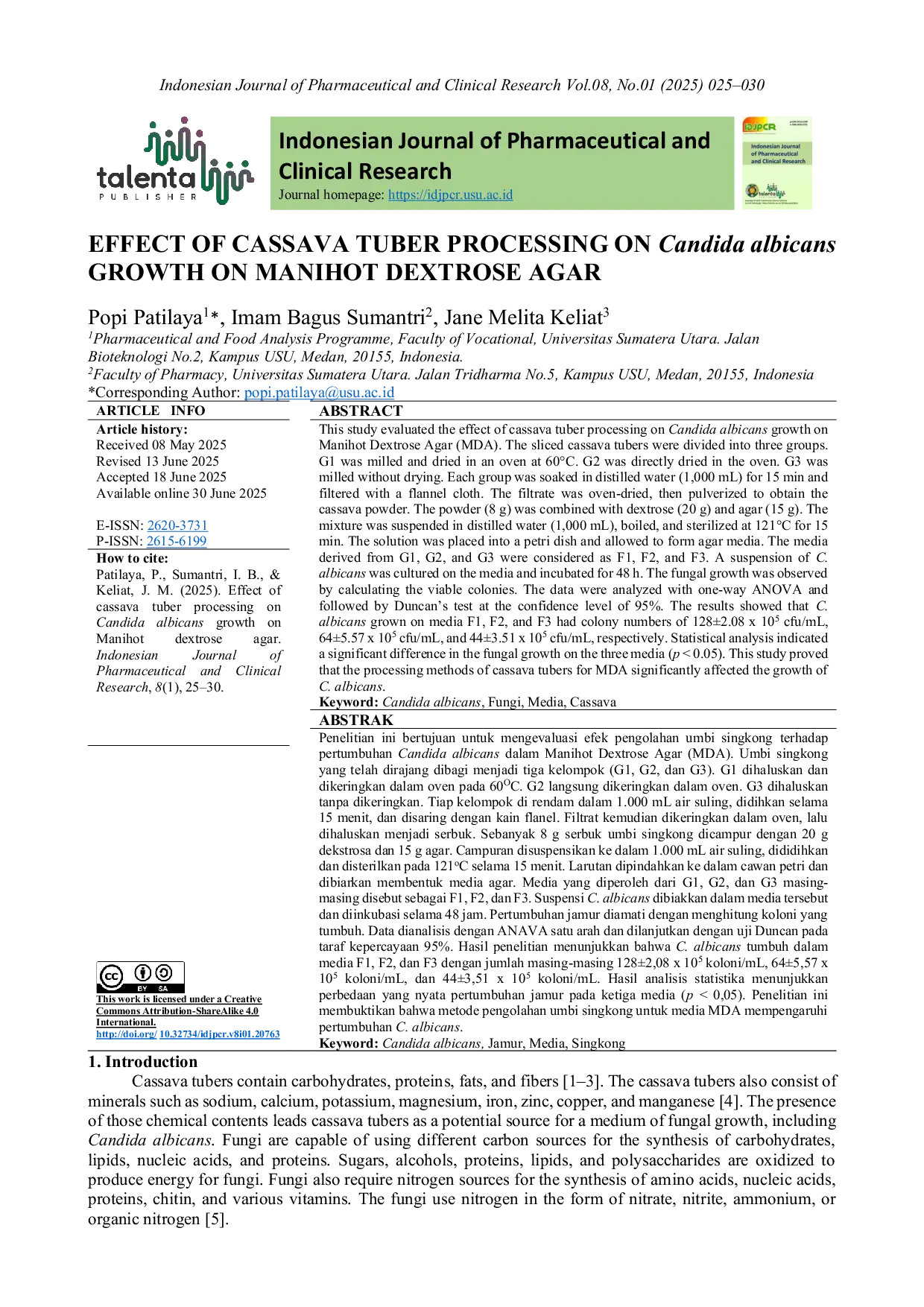 JURIS EFFECT OF CASSAVA TUBER PROCESSING ON Candida albicans GROWTH ON MANIHOT DEXTROSE AGAR