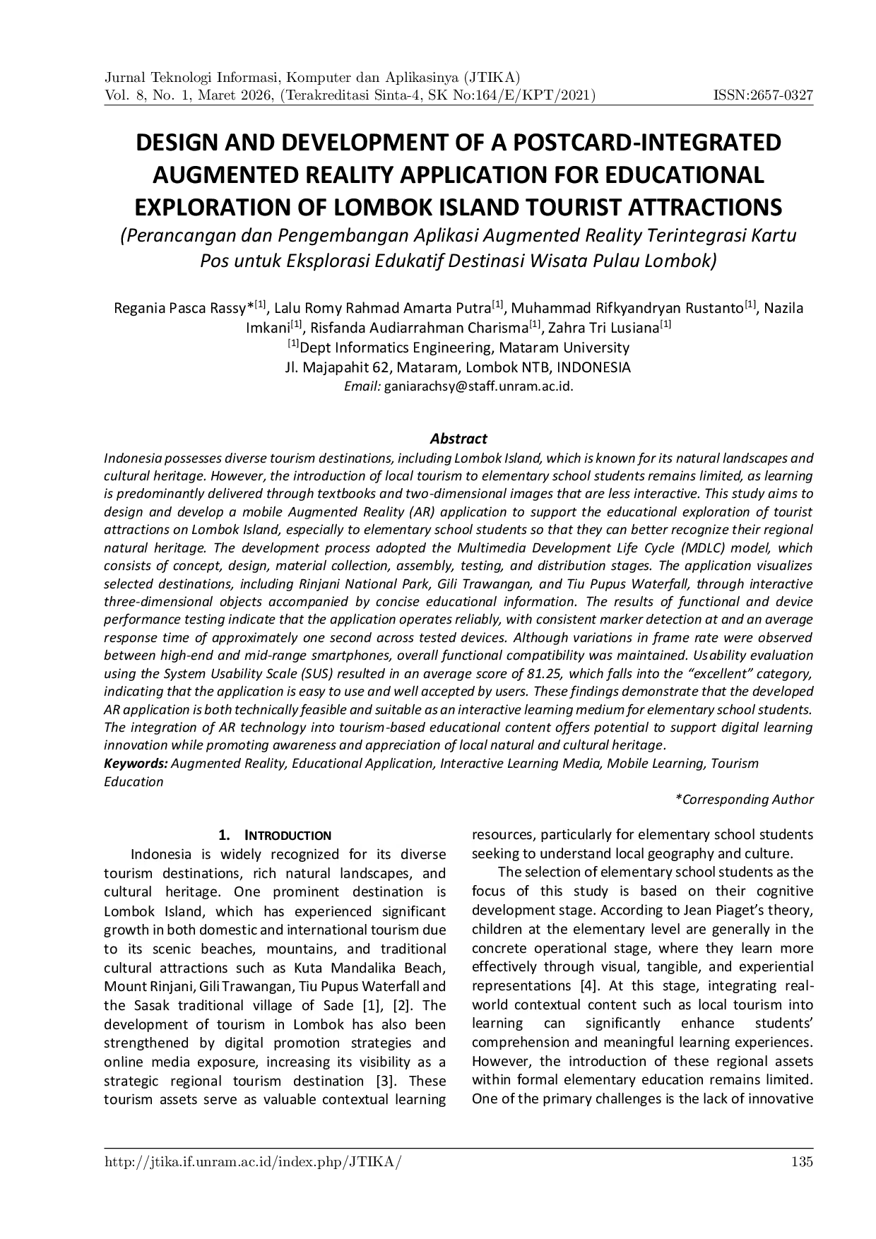 JURIS Perancangan dan Pengembangan Aplikasi Augmented Reality Terintegrasi Kartu Pos untuk Eksplorasi Edukatif Destinasi Wisata Pulau Lombok