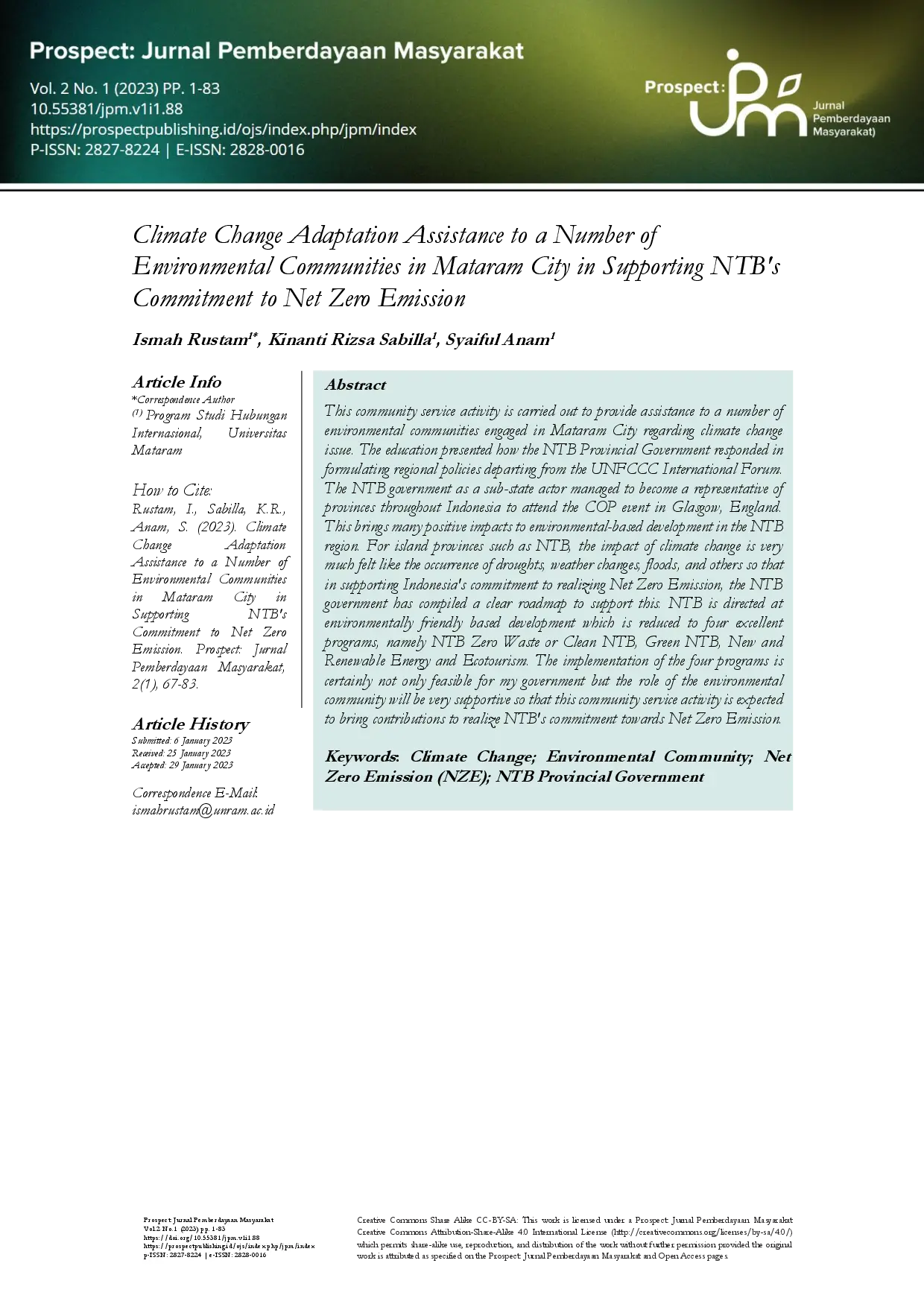 juris Climate Change Adaptation Assistance to a Number of Environmental Communities in Mataram City in Supporting NTB s Commitment to Net Zero Emission