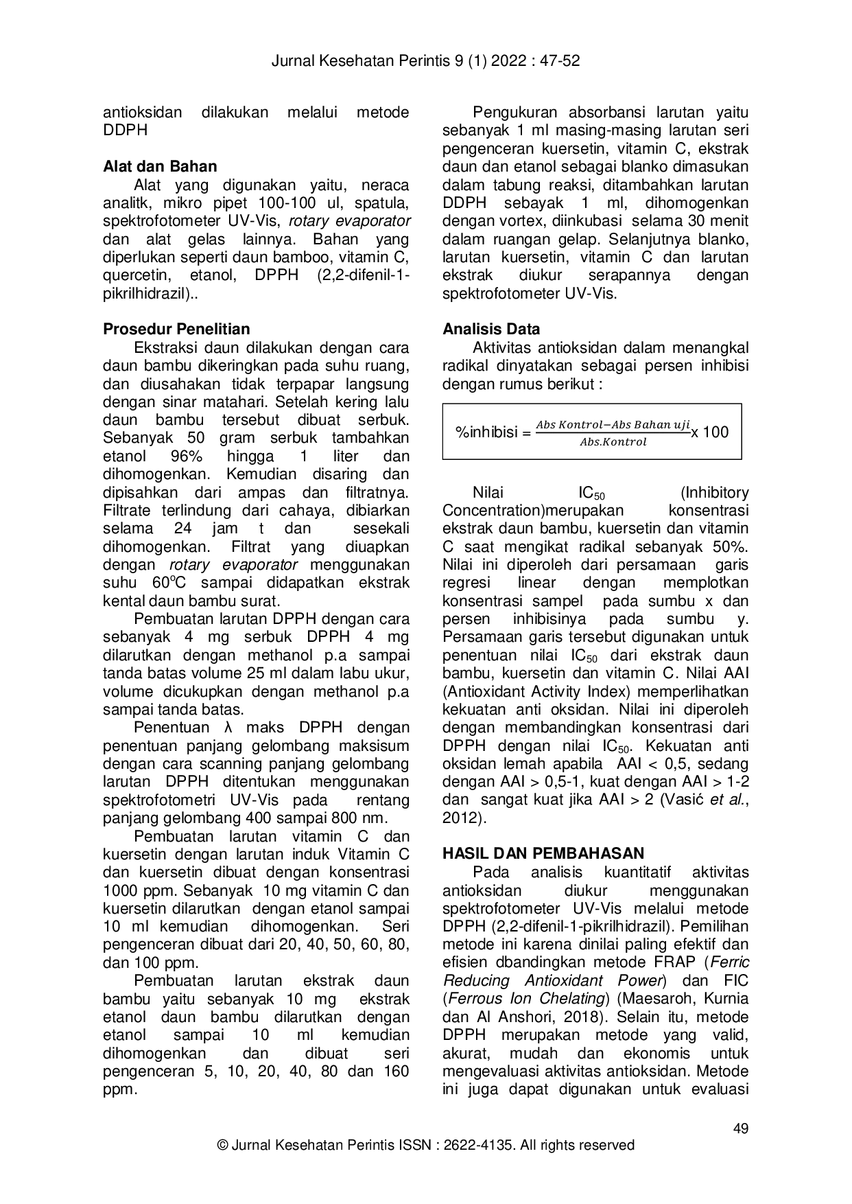 JURIS Aktivitas Antioksidan Total pada Ekstrak Etanol Daun Bambu Surat Gigantochloa pseudoarundinaceae