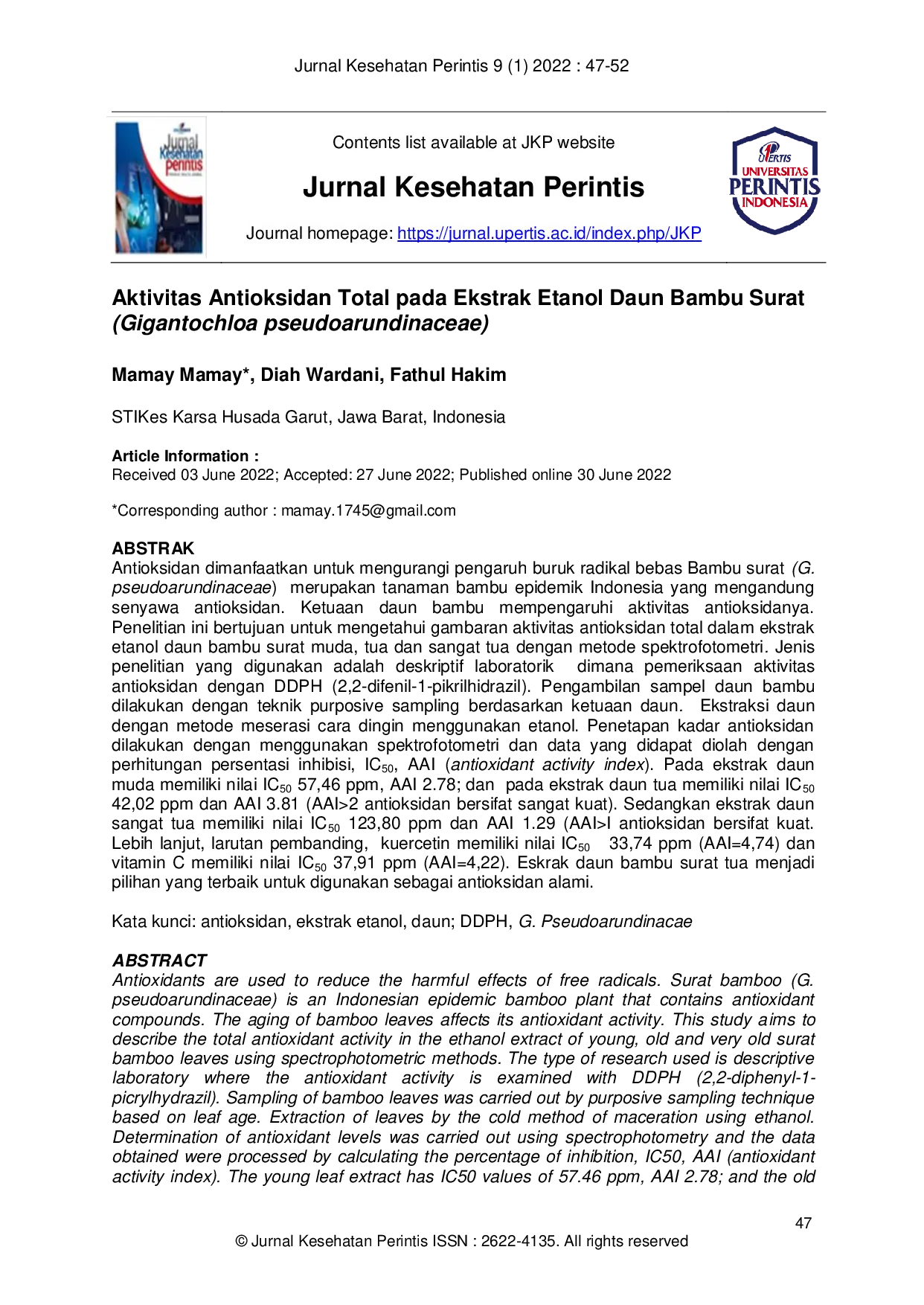 JURIS Aktivitas Antioksidan Total pada Ekstrak Etanol Daun Bambu Surat Gigantochloa pseudoarundinaceae