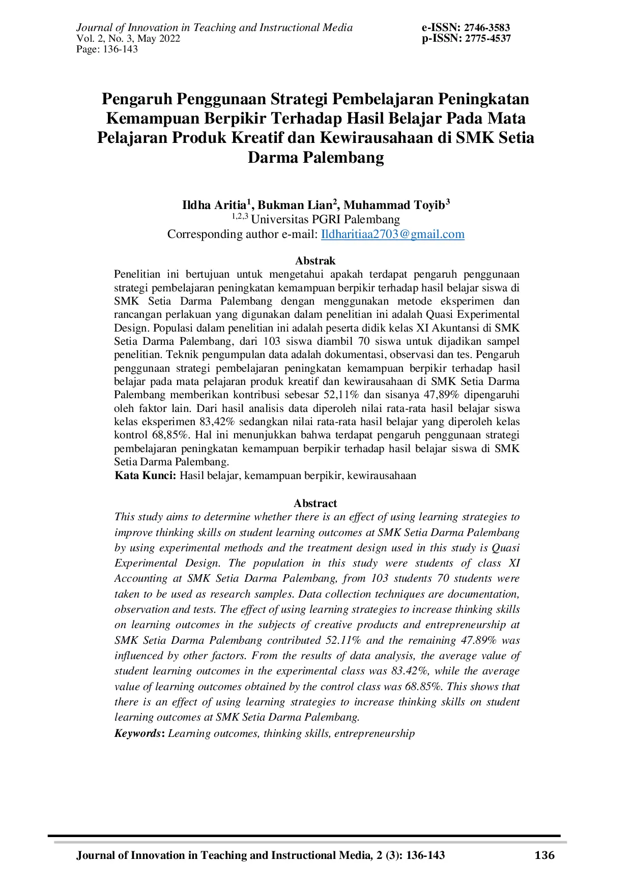 JURIS Pengaruh Penggunaan Strategi Pembelajaran Peningkatan Kemampuan Berpikir Terhadap Hasil Belajar Pada Mata Pelajaran Produk Kreatif dan Kewirausahaan di SMK Setia Darma Palembang