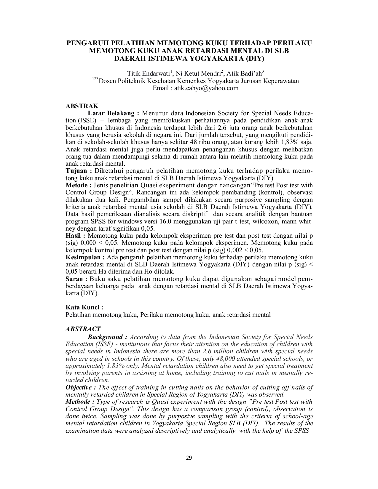 JURIS Pengaruh Pelatihan Memotong Kuku Terhadap Perilaku Memotong Kuku Anak Retardasi Mental Di Slb Daerah Istimewa Yogyakarta DIY