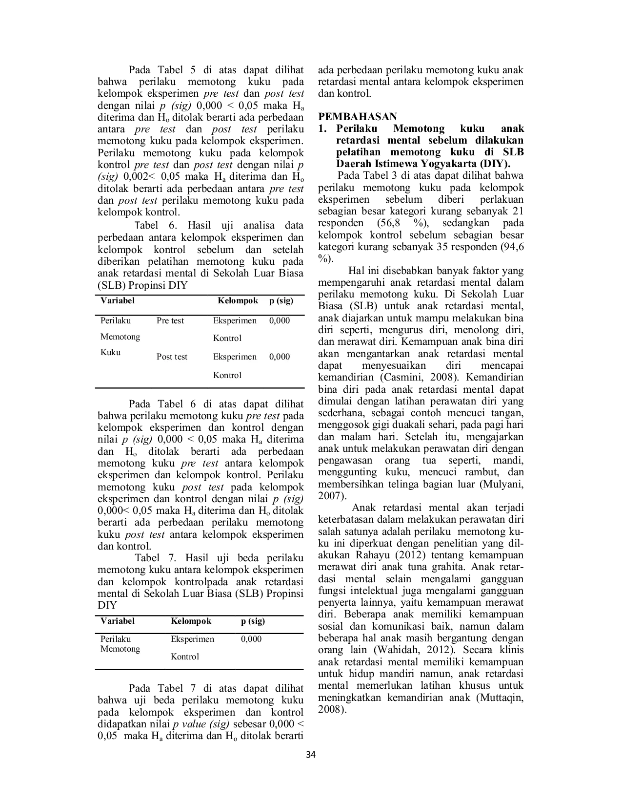JURIS Pengaruh Pelatihan Memotong Kuku Terhadap Perilaku Memotong Kuku Anak Retardasi Mental Di Slb Daerah Istimewa Yogyakarta DIY