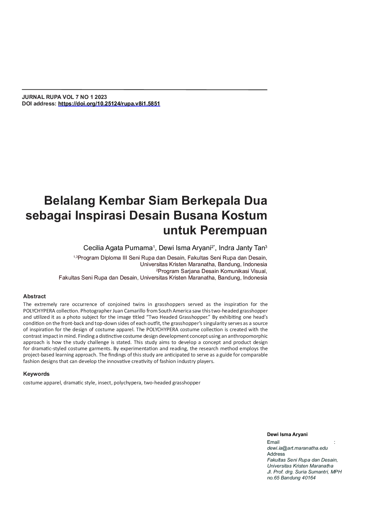 JURIS Belalang Kembar Siam Berkepala Dua sebagai Inspirasi Desain Busana Kostum untuk Perempuan
