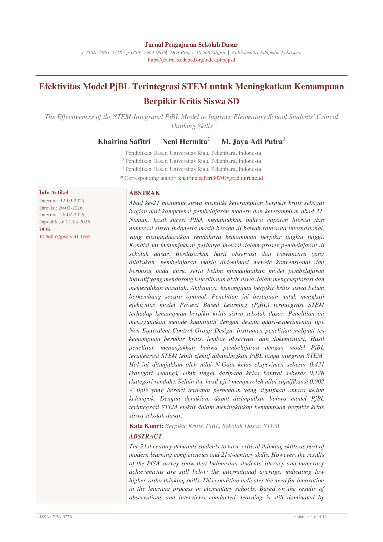 JURIS Efektivitas Model PjBL Terintegrasi STEM untuk Meningkatkan Kemampuan Berpikir Kritis Siswa SD