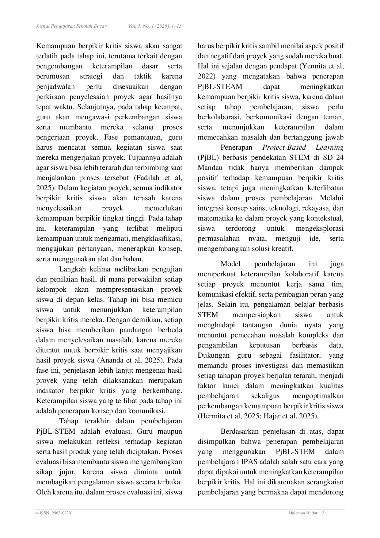 JURIS Efektivitas Model PjBL Terintegrasi STEM untuk Meningkatkan Kemampuan Berpikir Kritis Siswa SD