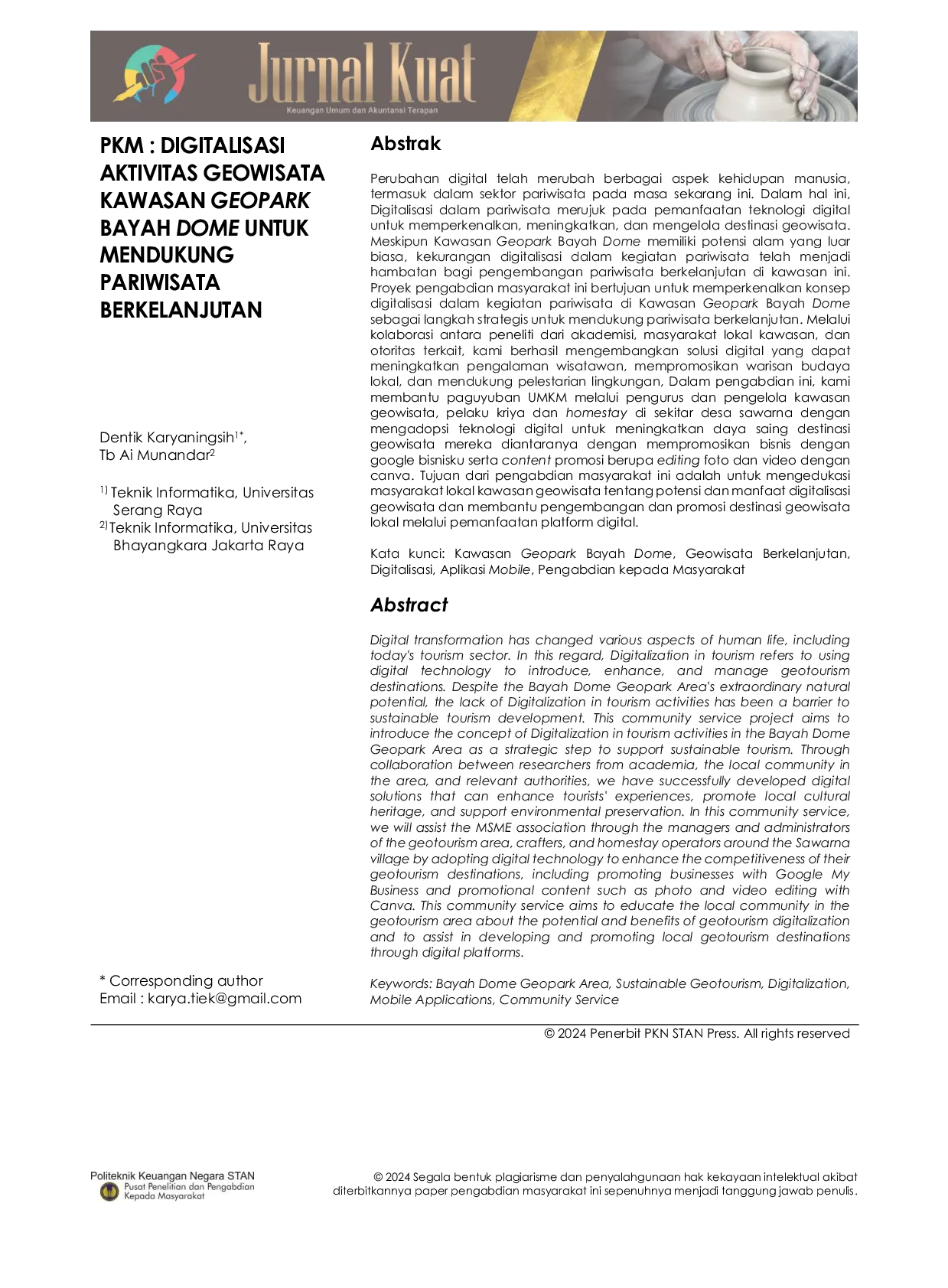 JURIS PKM Digitalisasi Aktivitas Geowisata Kawasan Geopark Bayah Dome untuk Mendukung Pariwisata Berkelanjutan