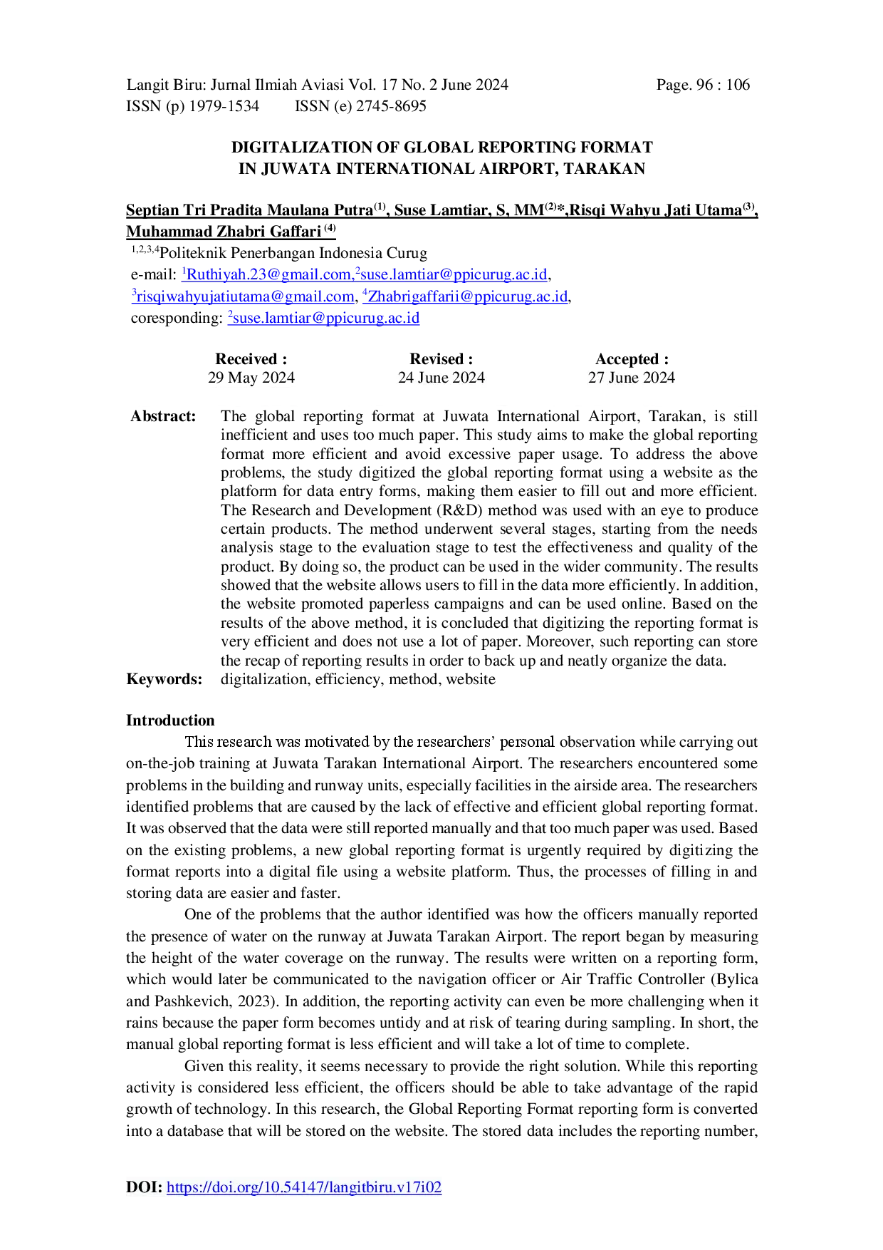 JURIS Digitalization of Global Reporting Format in Juwata International Airport Tarakan