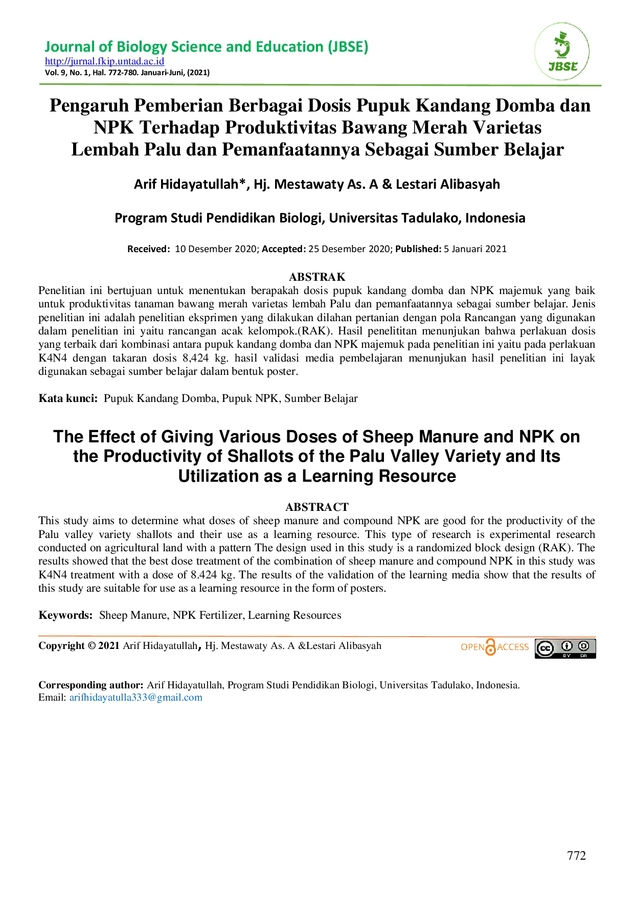 JURIS Pengaruh Pemberian Berbagai Dosis Pupuk Kandang Domba dan NPK Terhadap Produktivitas Bawang Merah Varietas Lembah Palu dan Pemanfaatannya Sebagai Sumber Belajar