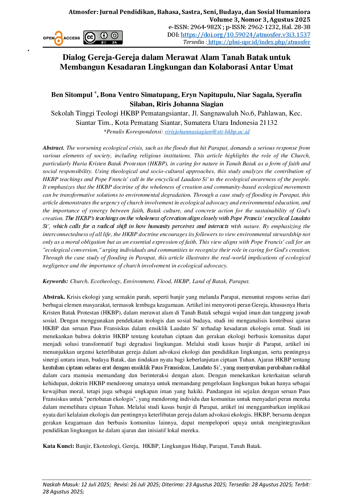 JURIS Dialog Gereja Gereja Dalam Merawat Alam Tanah Batak untuk Membangun Kesadaran Lingkungan dan Kolaborasi Antar Umat