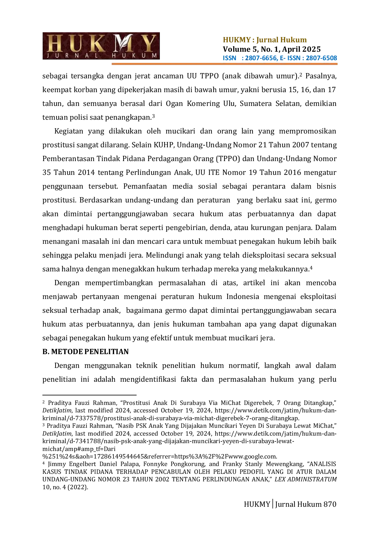 JURIS Pertanggungjawaban Hukum Mucikari Dalam Eksploitasi Seksual Anak Analisis Kasus Prostitusi Anak Melalui Aplikasi Michat