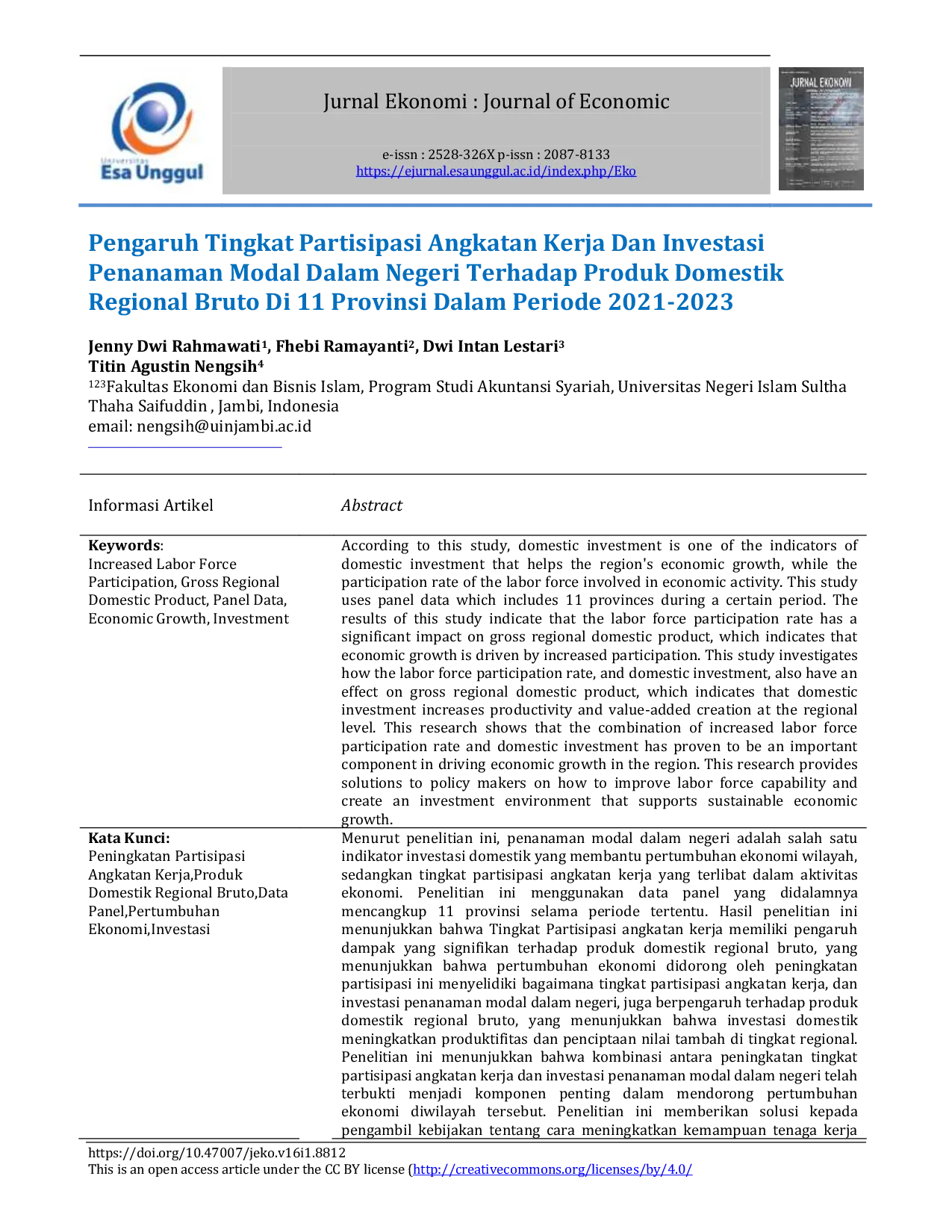 JURIS Pengaruh Tingkat Partisipasi Angkatan Kerja Dan Investasi Penanaman Modal Dalam Negeri Terhadap Produk Domestik Regional Bruto Di 11 Provinsi Dalam Periode 2021 2023