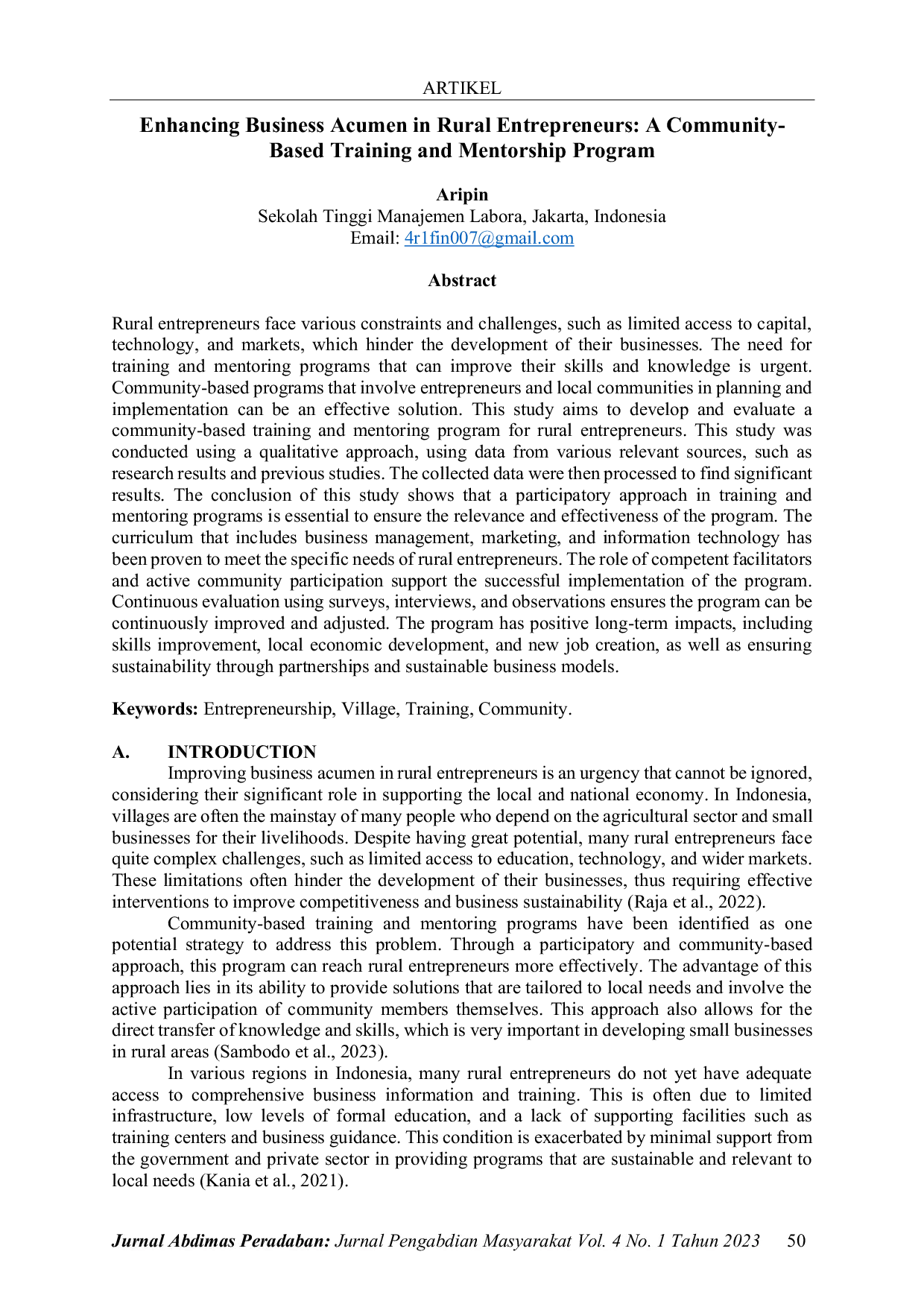 JURIS Enhancing Business Acumen in Rural Entrepreneurs A Community Based Training and Mentorship Program