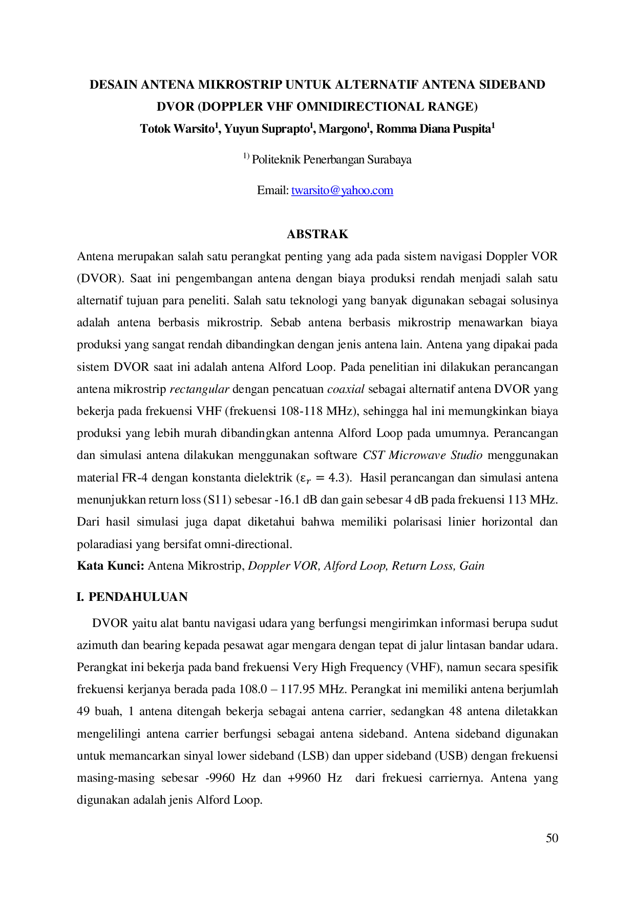JURIS Desain Antena Mikrostrip untuk Alternatif Antena Sideband DVOR Doppler VHF Omnidirectional Range