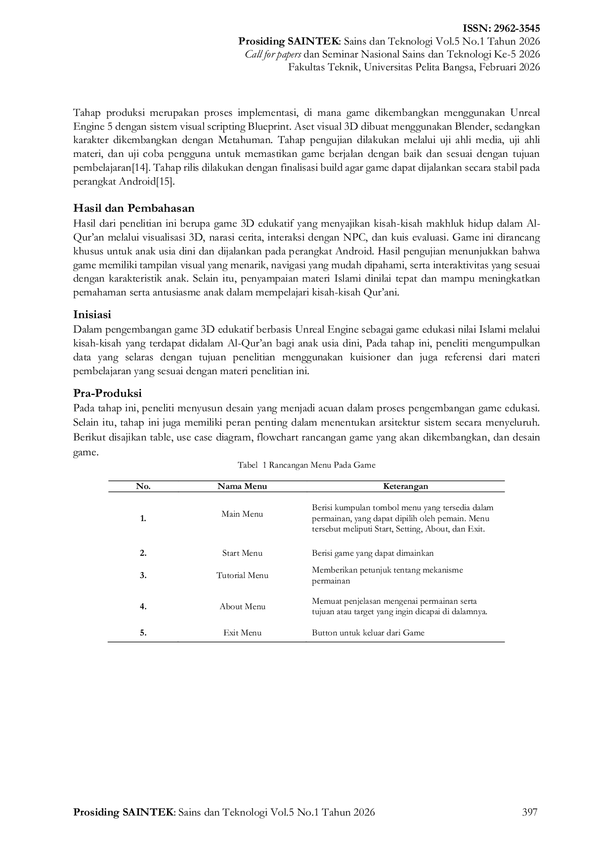 JURIS Pengembangan Game 3D Interaktif Berbasis Unreal Engine sebagai Edukasi Nilai Islami melalui Kisah Kisah yang Terdapat di dalam Al Qur an bagi Anak Usia Dini