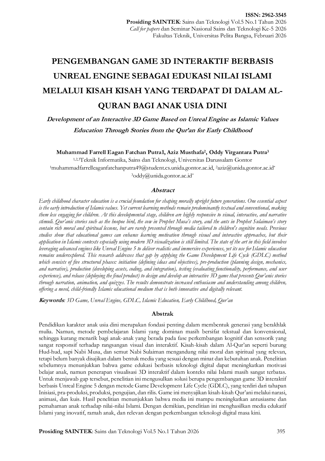 JURIS Pengembangan Game 3D Interaktif Berbasis Unreal Engine sebagai Edukasi Nilai Islami melalui Kisah Kisah yang Terdapat di dalam Al Qur an bagi Anak Usia Dini