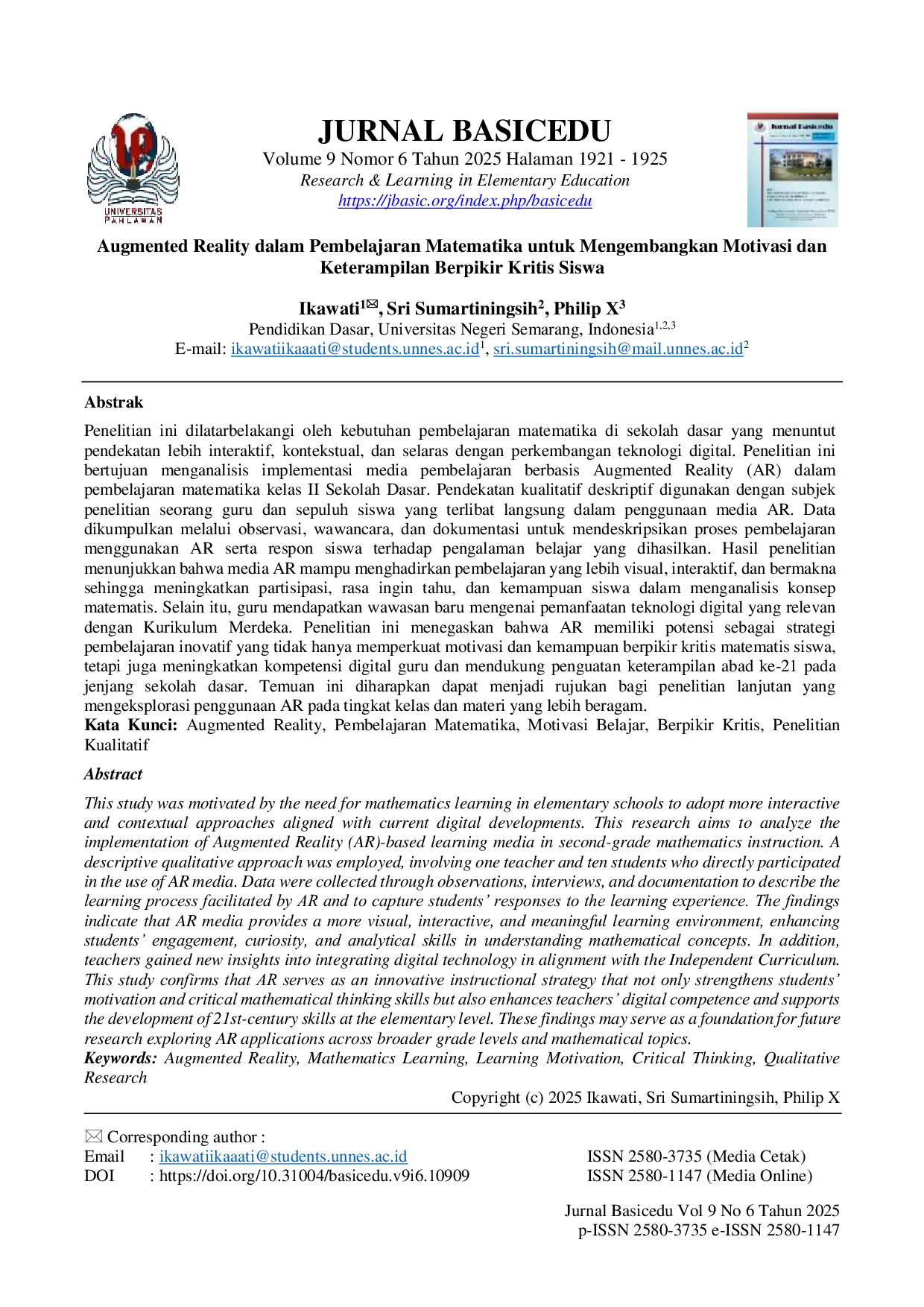 JURIS Augmented Reality dalam Pembelajaran Matematika untuk Mengembangkan Motivasi dan Keterampilan Berpikir Kritis Siswa