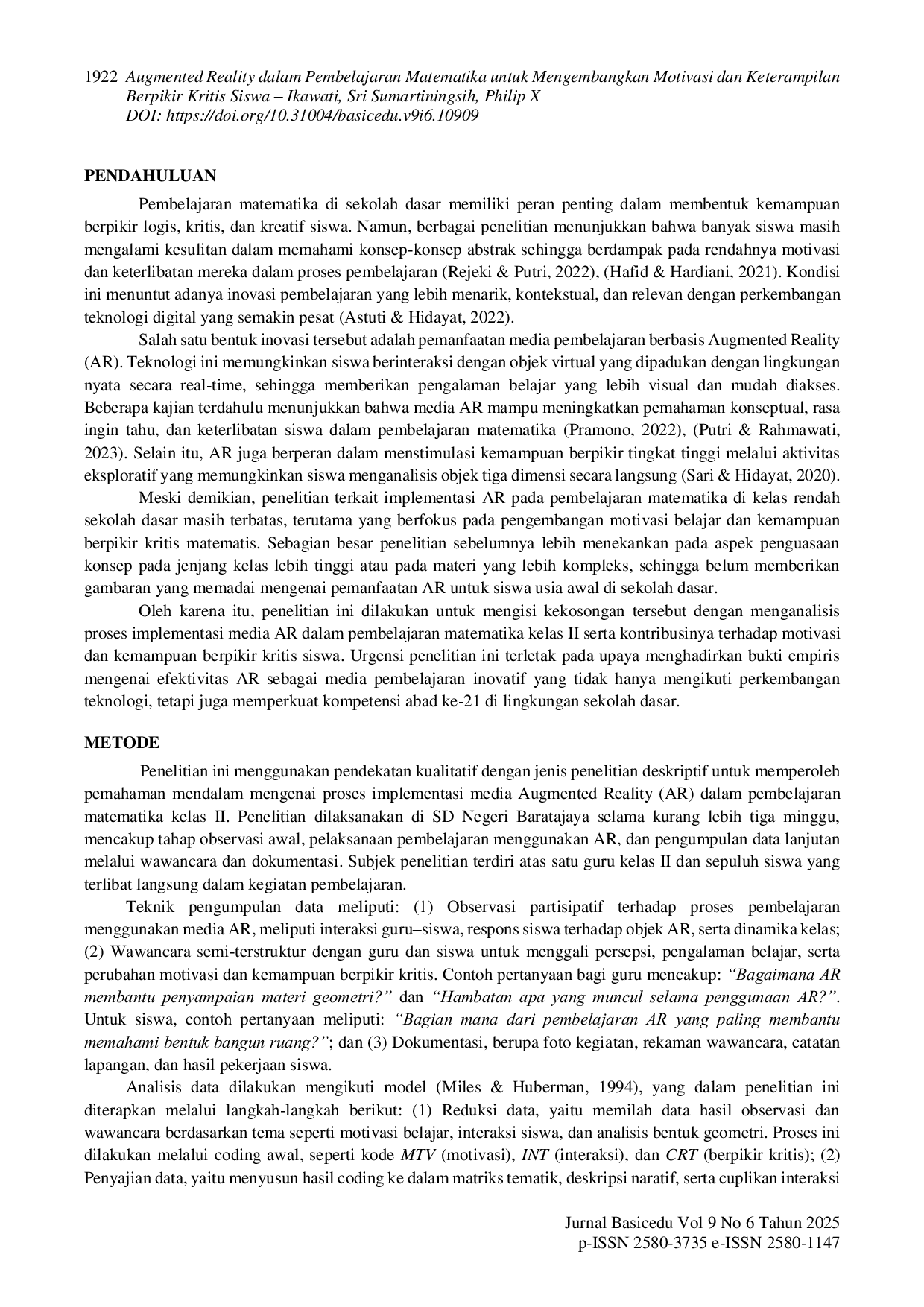 JURIS Augmented Reality dalam Pembelajaran Matematika untuk Mengembangkan Motivasi dan Keterampilan Berpikir Kritis Siswa