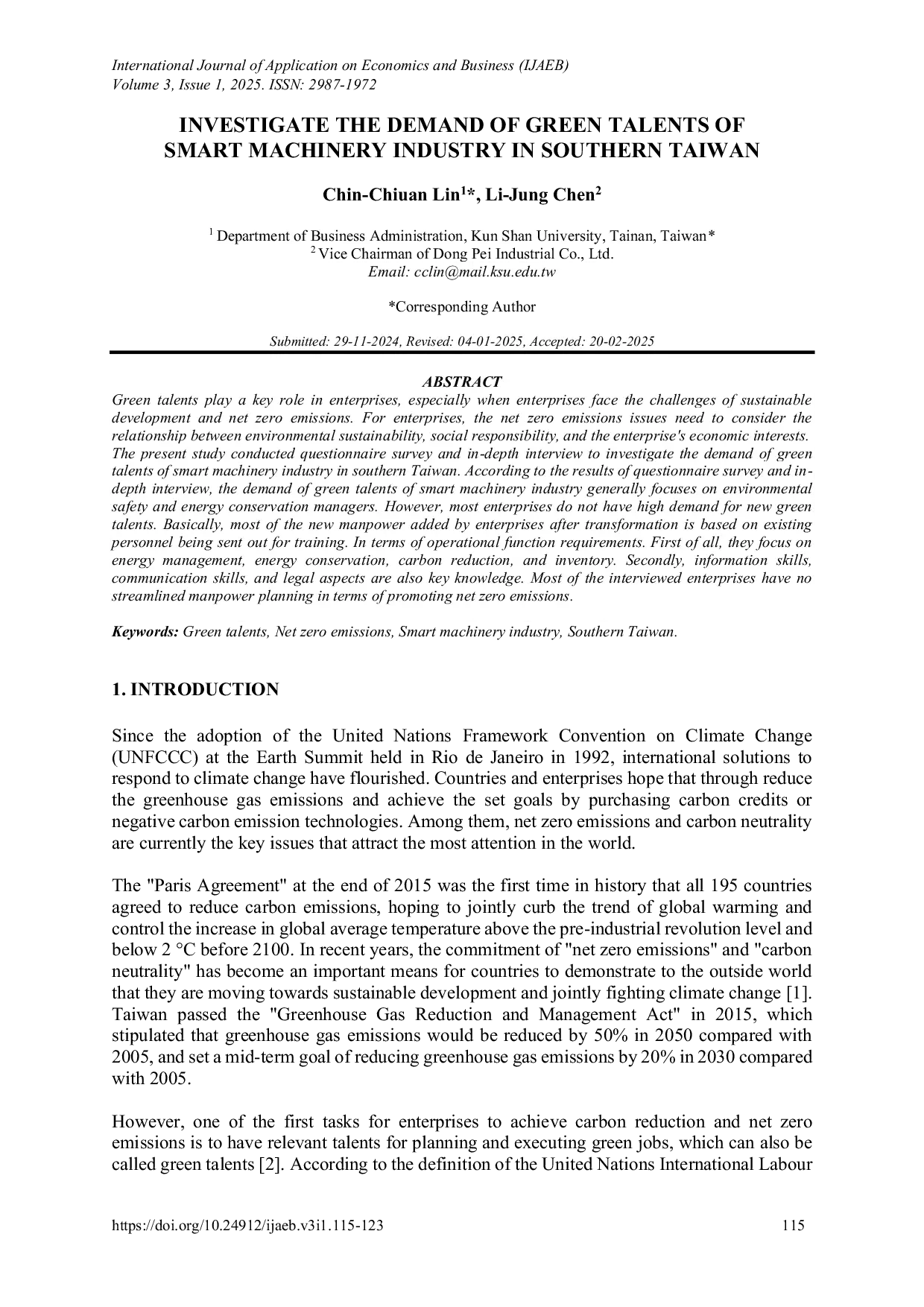 JURIS Investigate The Demand Of Green Talents Of Smart Machinery Industry In Southern Taiwan