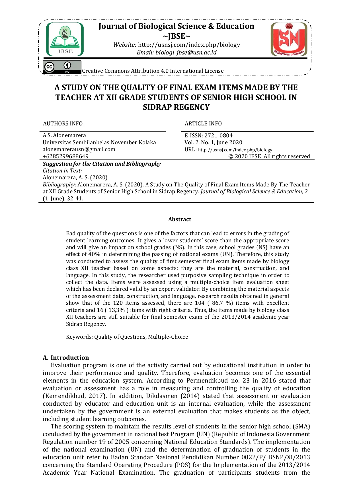 JURIS A Study on The Quality of Final Exam Items Made by The Teacher at XII Grade Students of Senior High School in Sidrap Regency