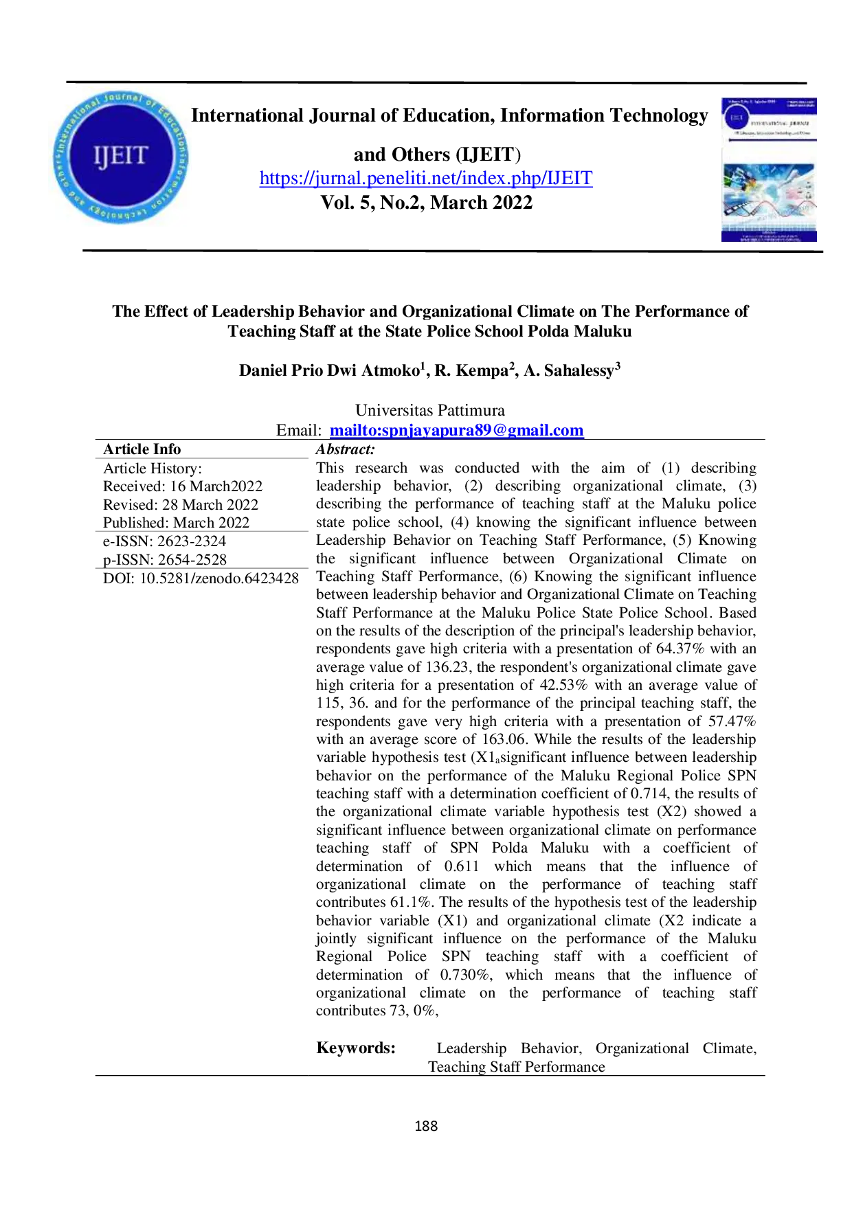 JURIS The Effect of Leadership Behavior and Organizational Climate on the Performance of Teaching Staff at the State Police School Polda Maluku