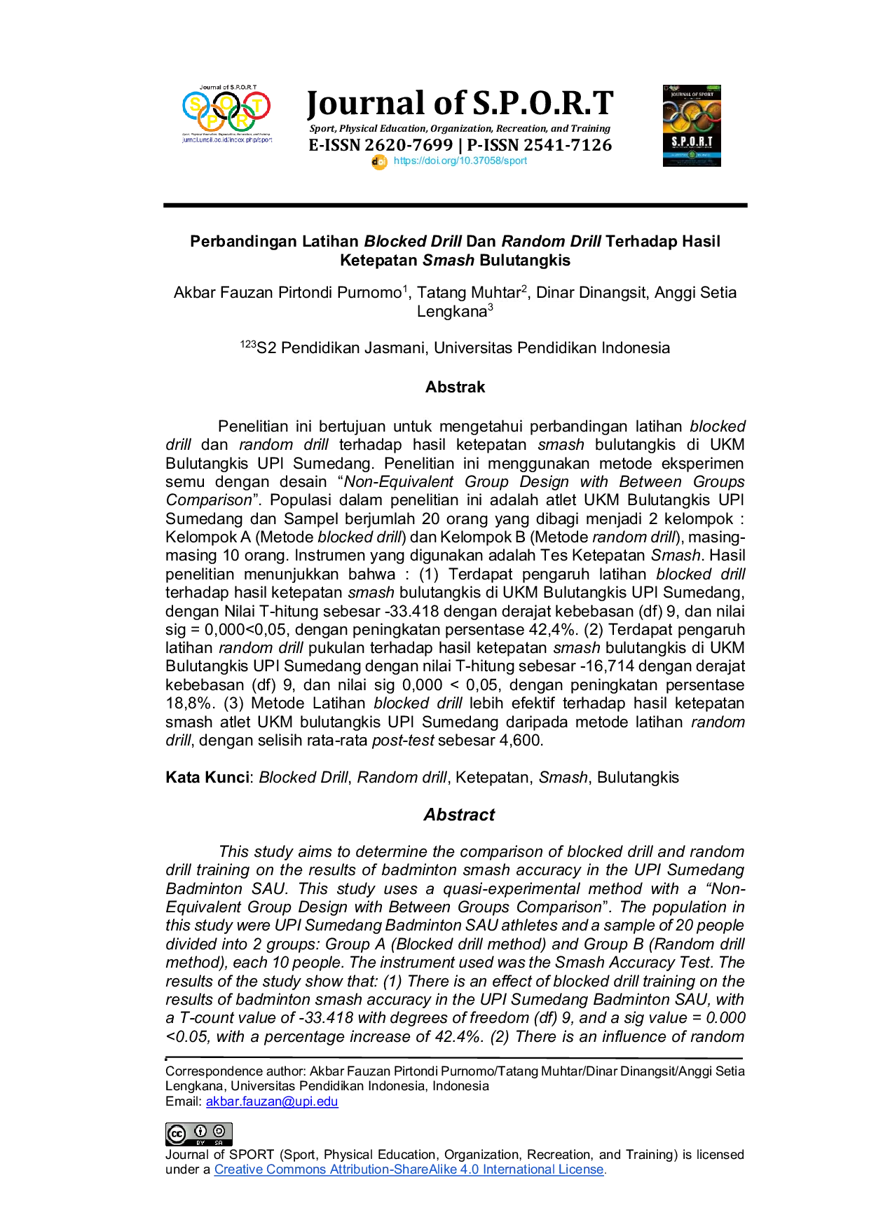 JURIS Perbandingan Latihan Blocked Drill Dan Random Drill Terhadap Hasil Ketepatan Smash Bulutangkis